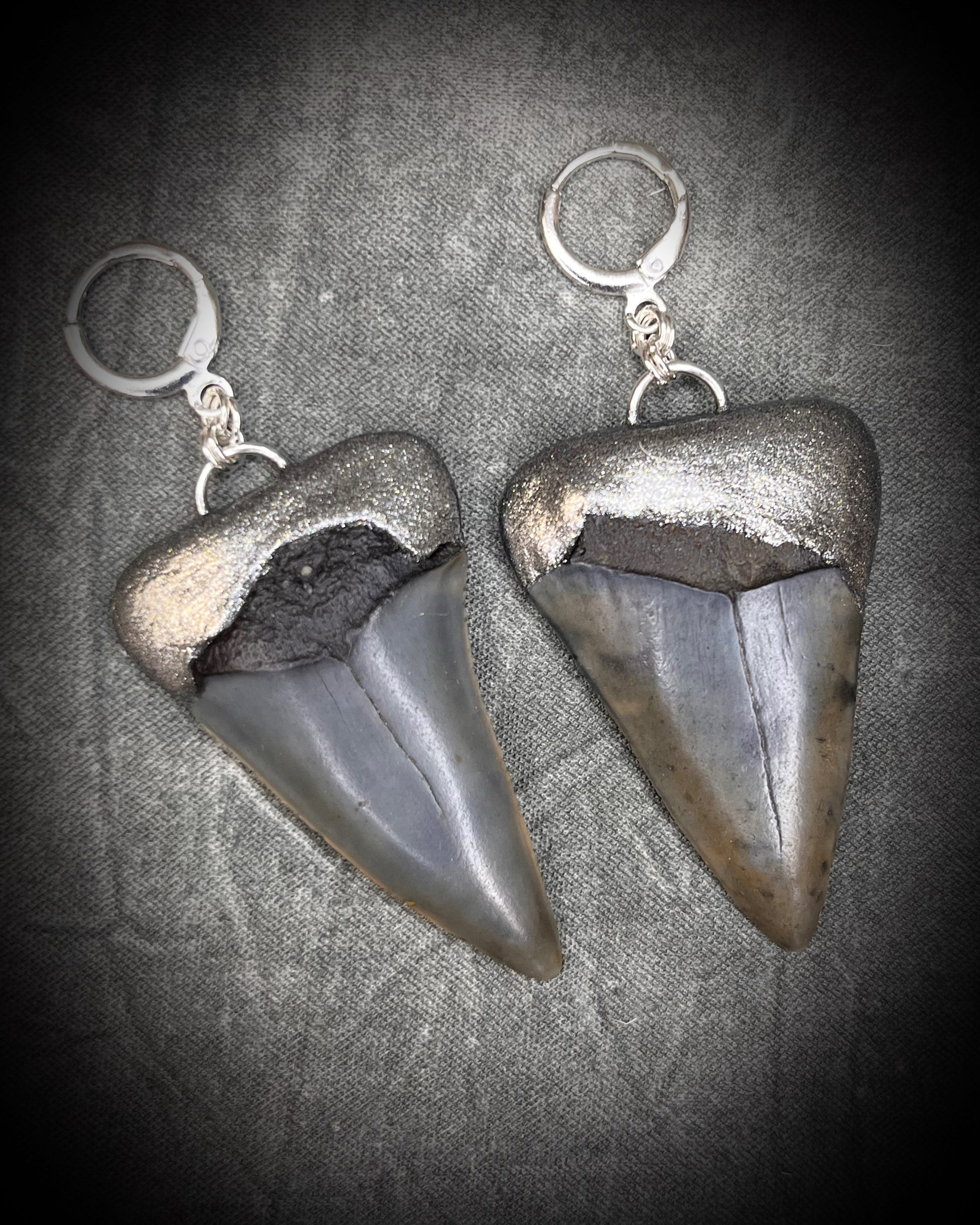Mako shark tooth fossil earrings in silver finish with sterling-plated huggie hooks, ocean-inspired statement fossil jewelry handmade in Baltimore Maryland