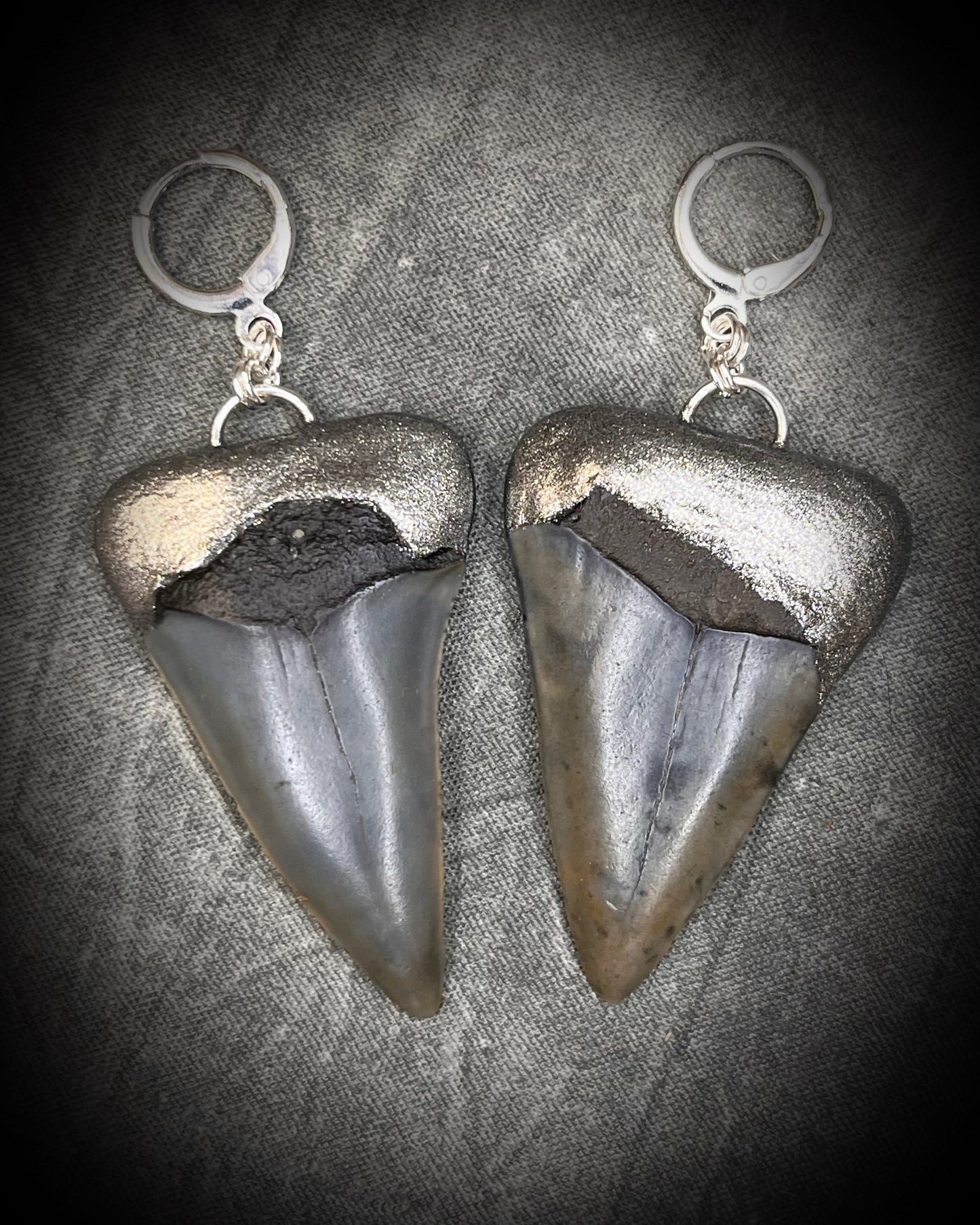 Mako shark tooth fossil earrings in silver finish with sterling-plated huggie hooks, ocean-inspired statement fossil jewelry handmade in Baltimore Maryland