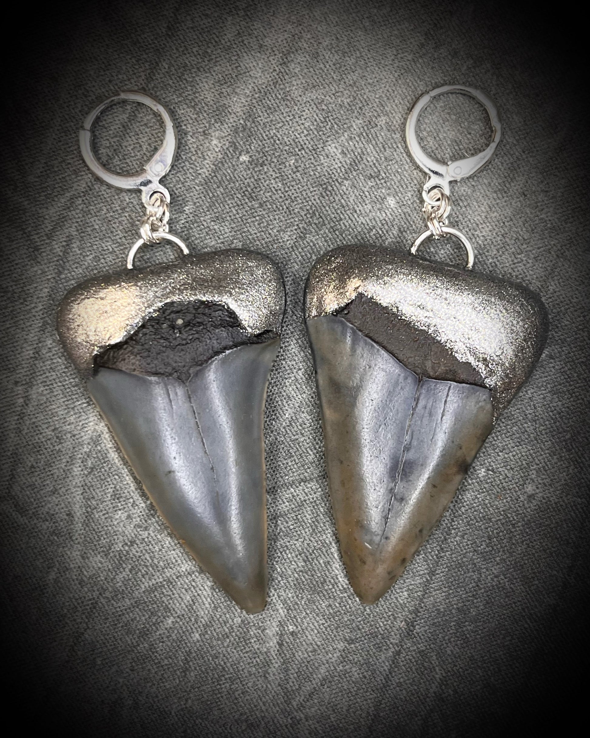 Mako shark tooth fossil earrings in silver finish with sterling-plated huggie hooks, ocean-inspired statement fossil jewelry handmade in Baltimore Maryland