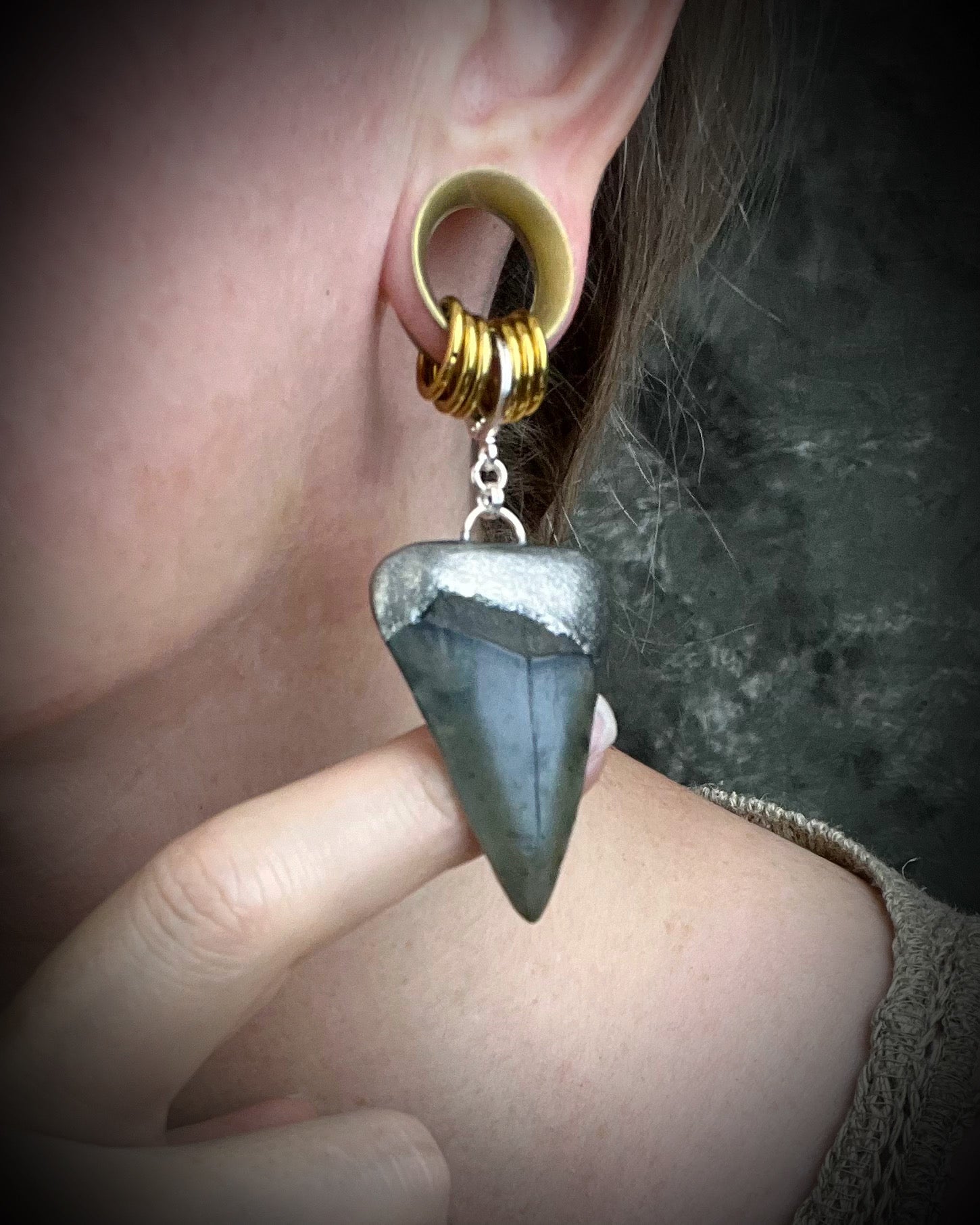Mako shark tooth fossil earrings in silver finish with sterling-plated huggie hooks, ocean-inspired statement fossil jewelry handmade in Baltimore Maryland