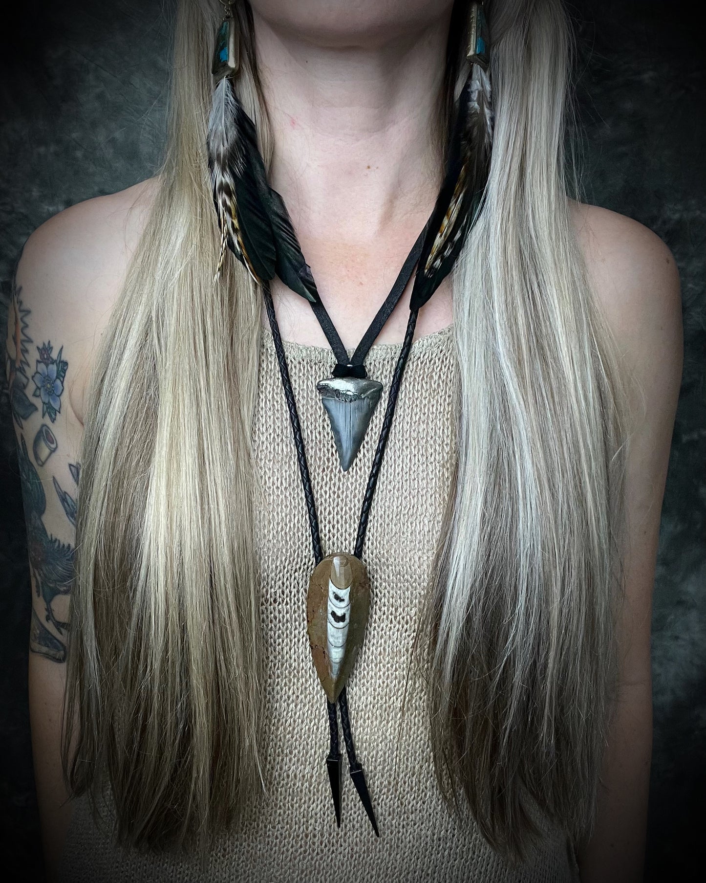 Mako shark tooth fossil talisman with gunmetal silver finish on black leather, handmade by Become Spellbound in Baltimore, Maryland.