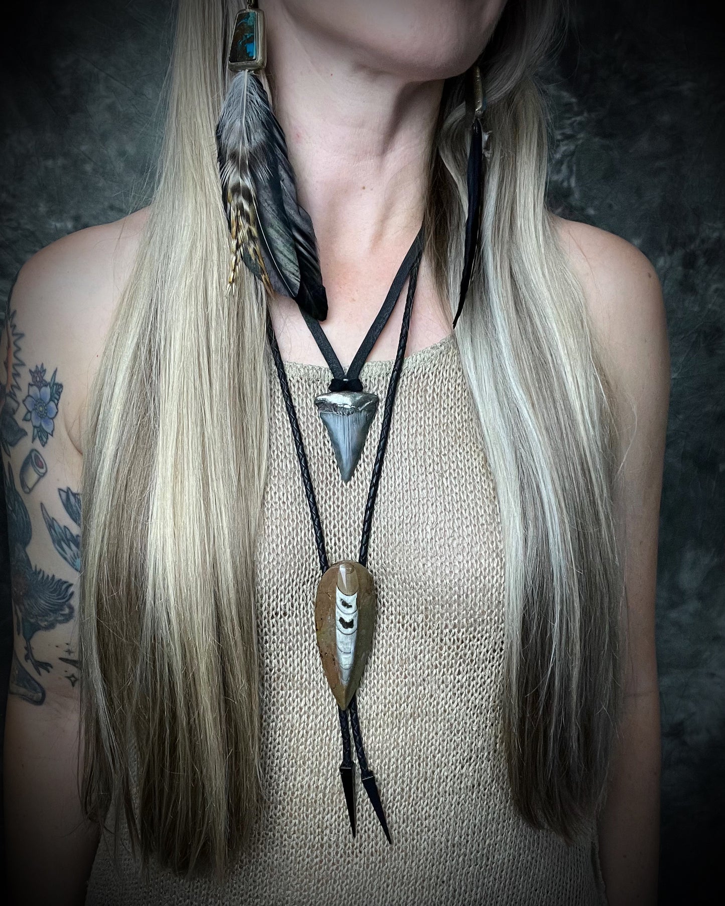 Mako shark tooth fossil talisman with gunmetal silver finish on black leather, handmade by Become Spellbound in Baltimore, Maryland.