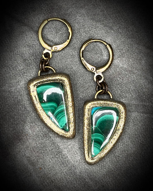 Malachite Dangle Earrings in Gold Finish - Earthy and Empowering Drop Earrings gift for her. Goddess inspired jewelry.