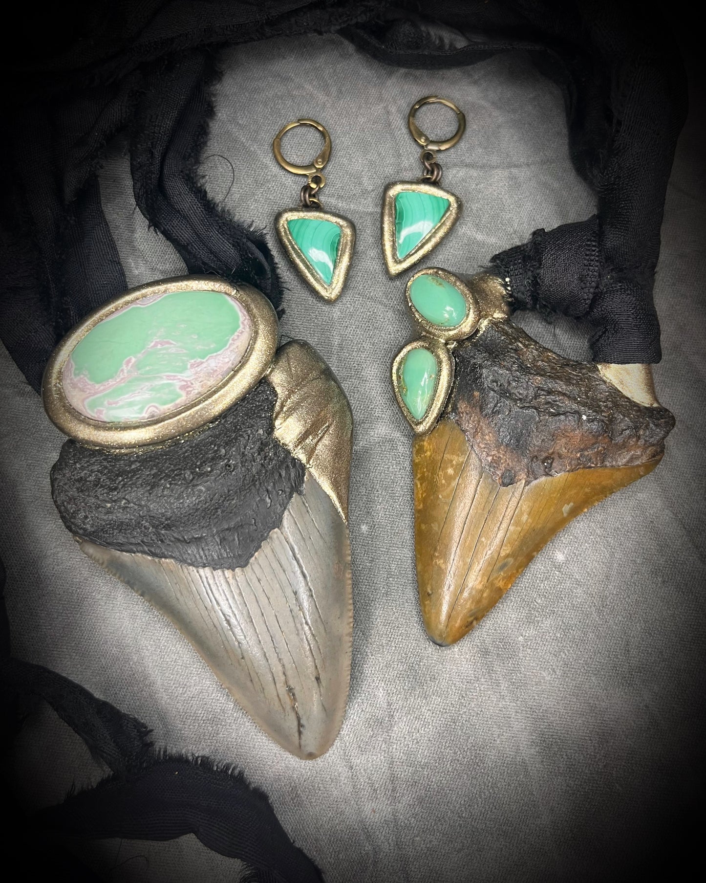 Malachite Dangle Earrings in Gold Finish - Earthy and Empowering Drop Earrings gift for her. Shown here with 2 crystal and megalodon fossil necklaces on black recycled silk. 