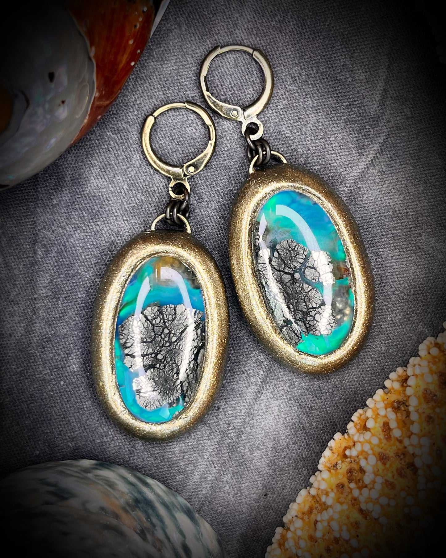 Marcasite Agate blue lagoon handmade gold oval earrings, handmade crystal mermaid earrings on brass hypoallergenic hooks.  