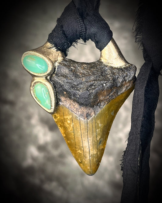 Megalodon Fossil Tooth & Chrysoprase Crystal Talisman on Black Recycled Silk. Handmade Mermaid treasure oceanic jewelry for her. 