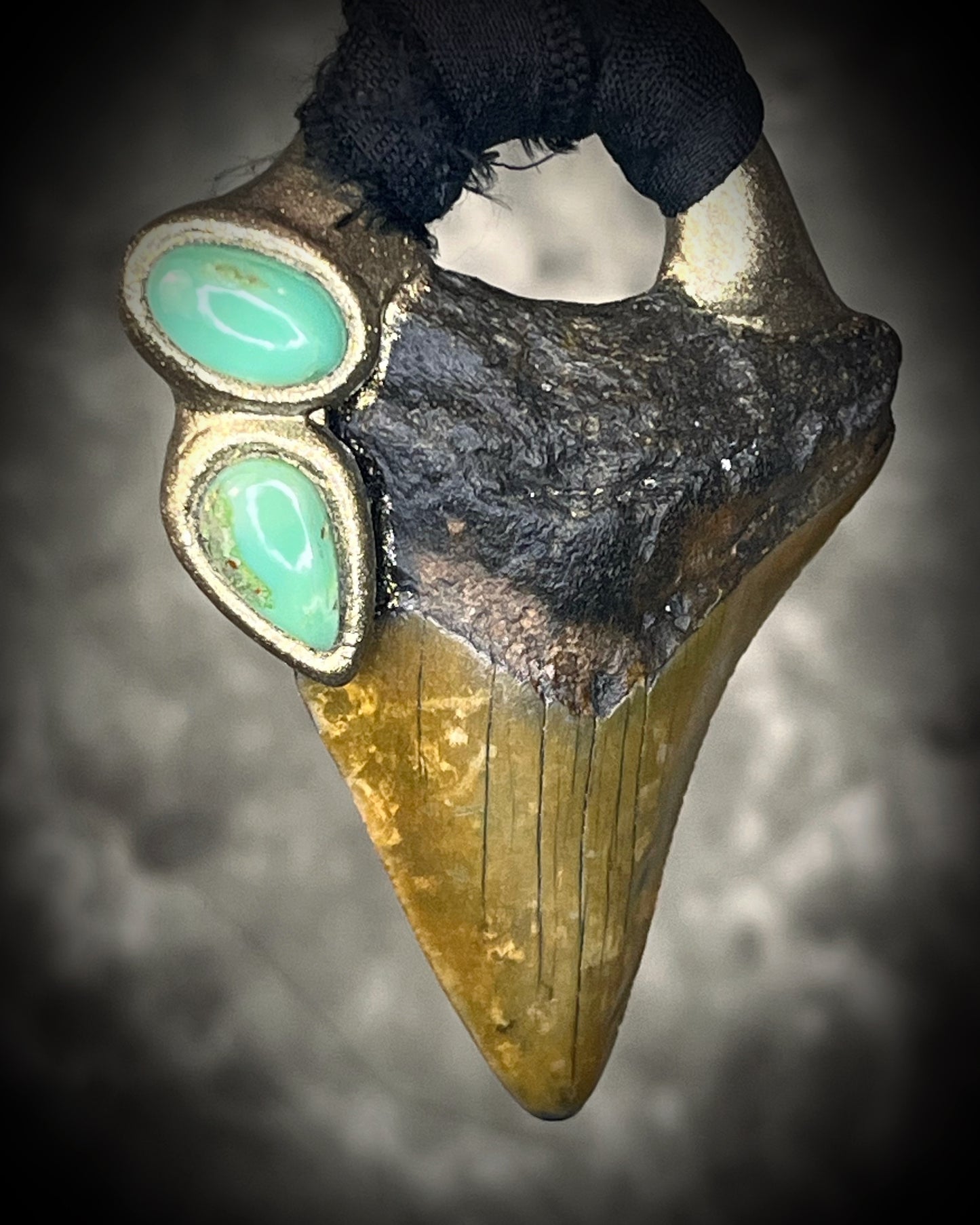 Megalodon Fossil Tooth & Chrysoprase Crystal Talisman on Black Recycled Silk. Handmade Mermaid treasure oceanic jewelry for her. 