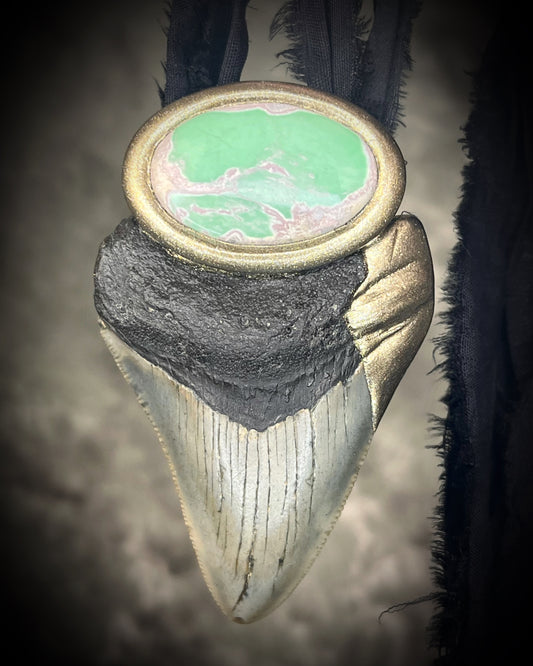Megalodon Tooth Fossil & Variscite Necklace on Black Recycled Silk in Gold Finish, Handmade statement oceanic treasure jewelry. 