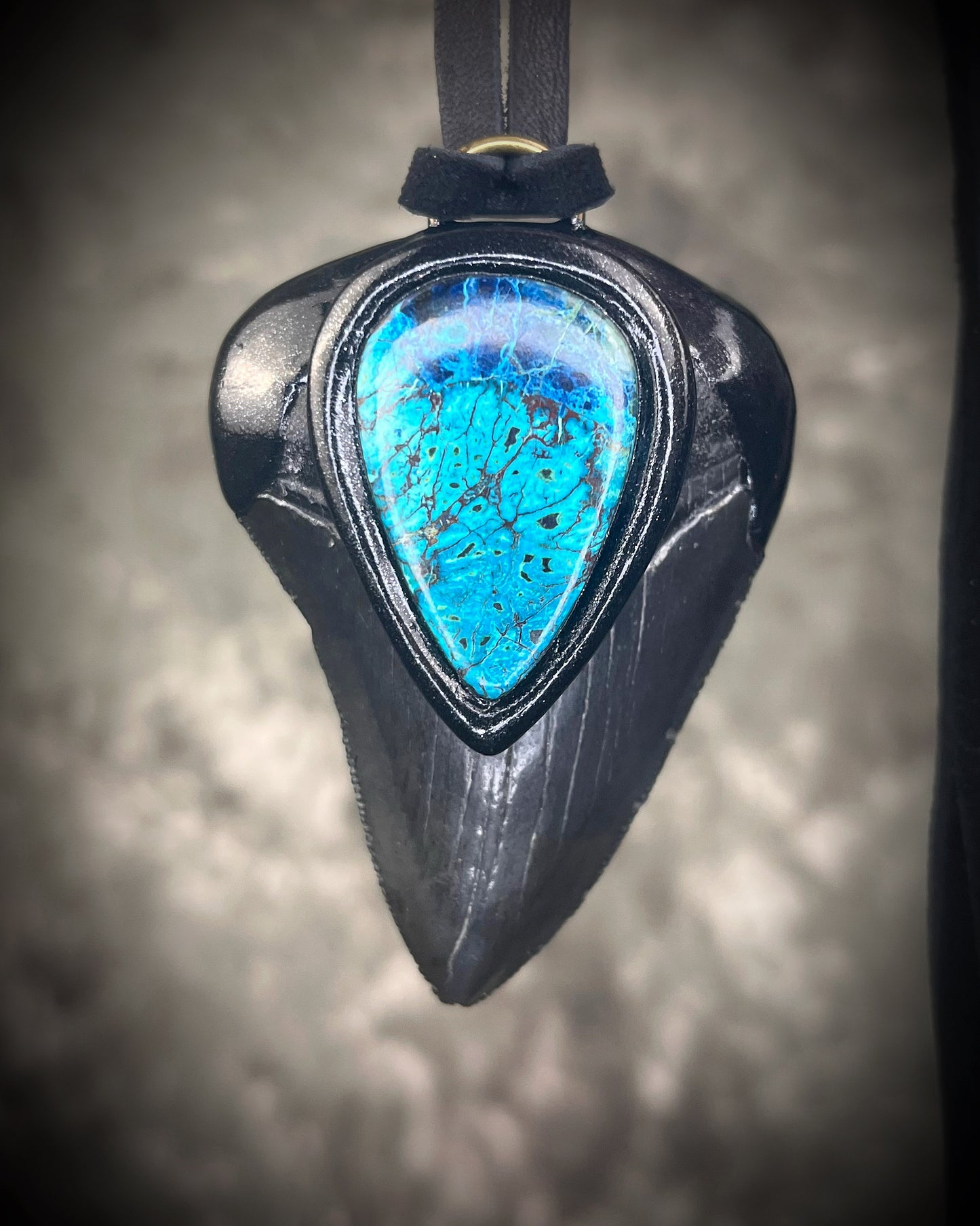 Megalodon fossil shark tooth necklace with chrysocolla stone on black leather, statement crystal talisman jewelry for protection and communication, handmade in Baltimore Maryland