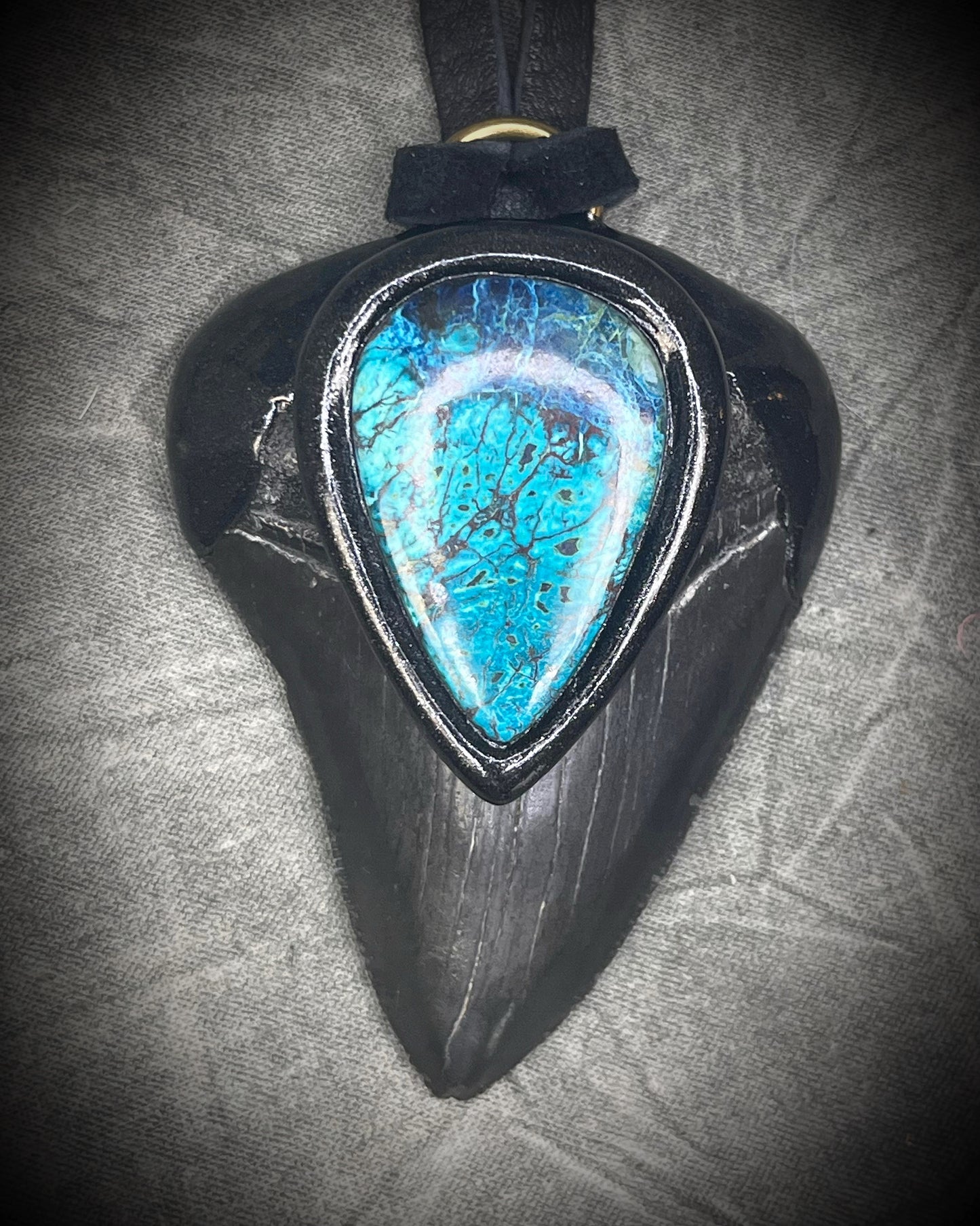 Megalodon fossil shark tooth necklace with chrysocolla stone on black leather, statement crystal talisman jewelry for protection and communication, handmade in Baltimore Maryland
