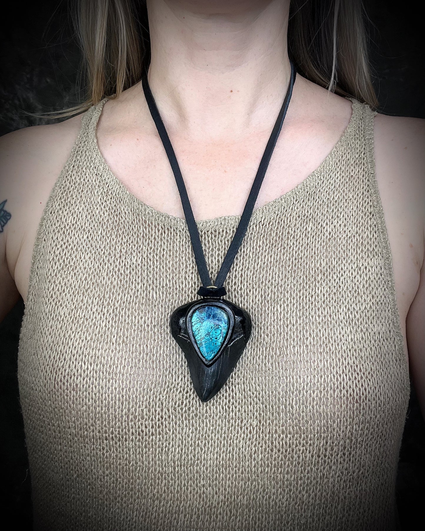 Megalodon fossil shark tooth necklace with chrysocolla stone on black leather, statement crystal talisman jewelry for protection and communication, handmade in Baltimore Maryland