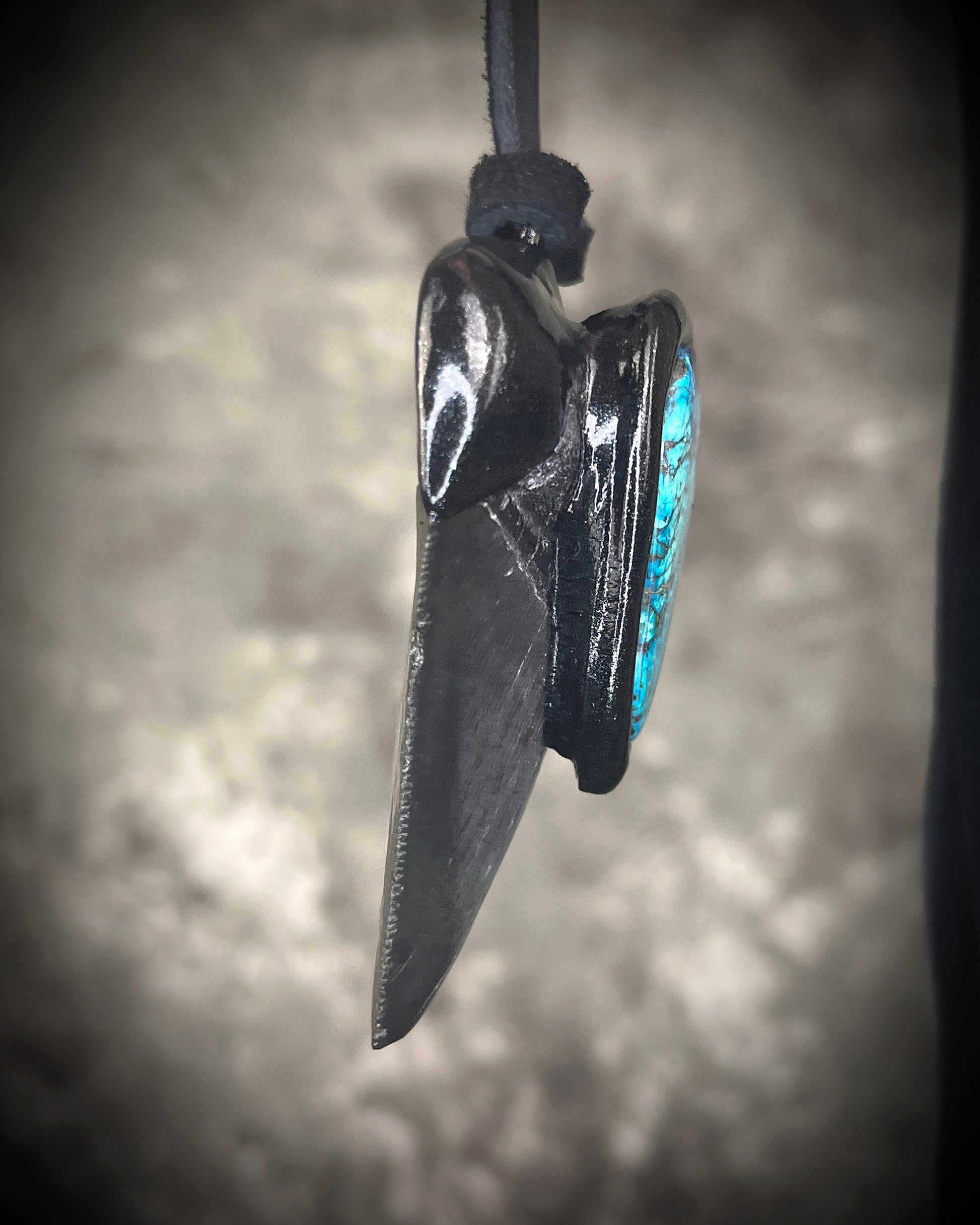 Megalodon fossil shark tooth necklace with chrysocolla stone on black leather, statement crystal talisman jewelry for protection and communication, handmade in Baltimore Maryland