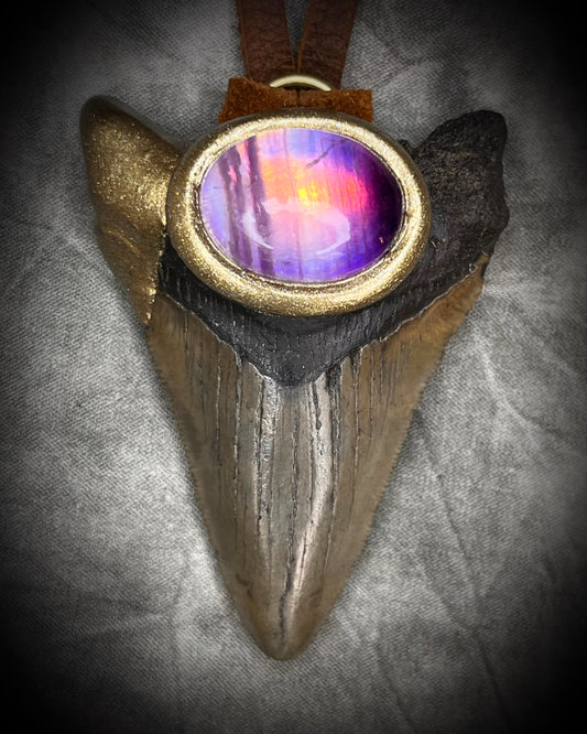Megalodon fossil shark tooth necklace with opalescent fluorite crystal on leather, statement crystal talisman necklace for clarity and focus, handmade Megalodon jewelry Baltimore Maryland
