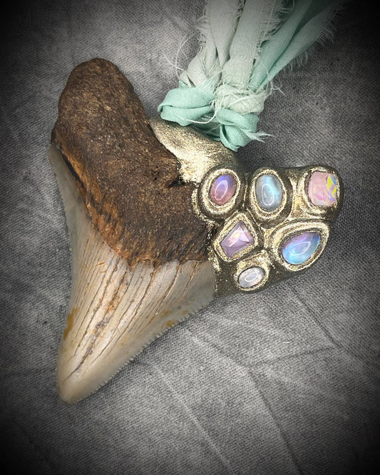 Megalodon fossil shark tooth talisman necklace with rainbow moonstone, lavender spinel, and pink tourmaline gemstones on sea green recycled silk, handmade statement fossil jewelry with oceanic boho elegance from Baltimore Maryland.