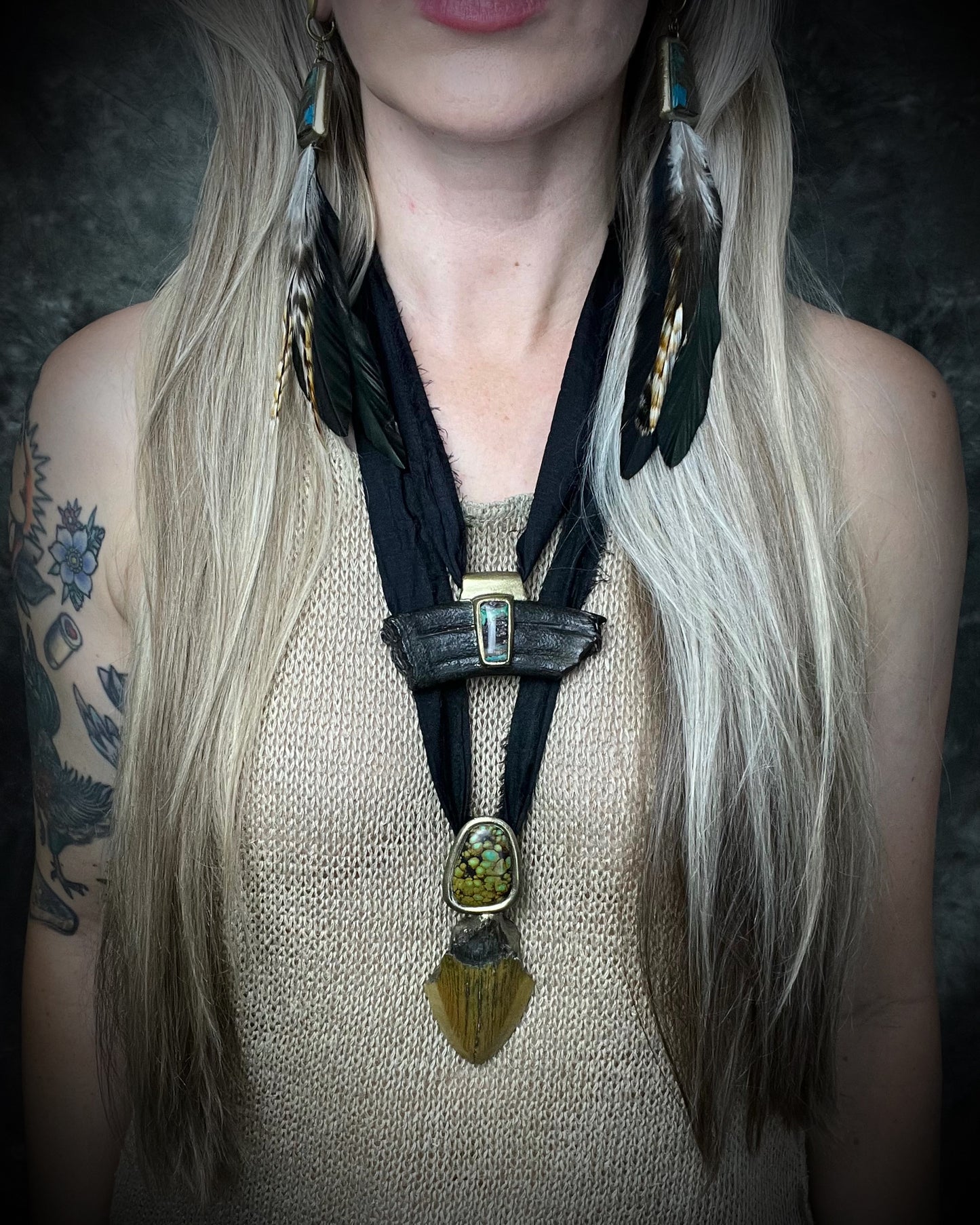 Megalodon fossil tooth talisman with sculptural turquoise in blue, moss green and mustard yellow, gold finish and black recycled silk.