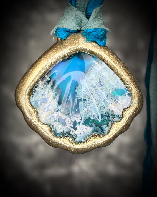 Moss agate seashell necklace on aqua and teal recycled silk, mermaid inspired statement jewelry with gold or silver shell pendant, handmade artisan necklace Baltimore Maryland