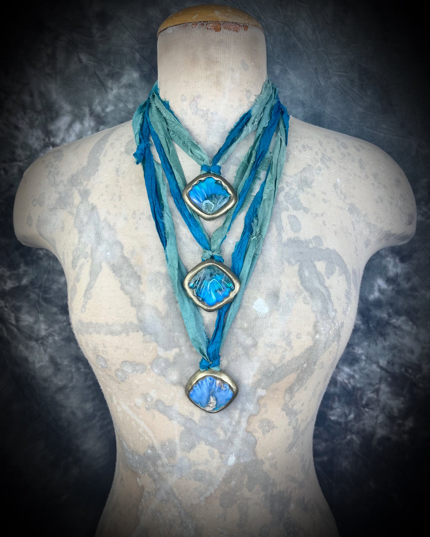 Mermaid seashell necklaces made with moss agate crystal and aqua and teal recycled silk.  Handmade sea siren jewelry, gift for her.  