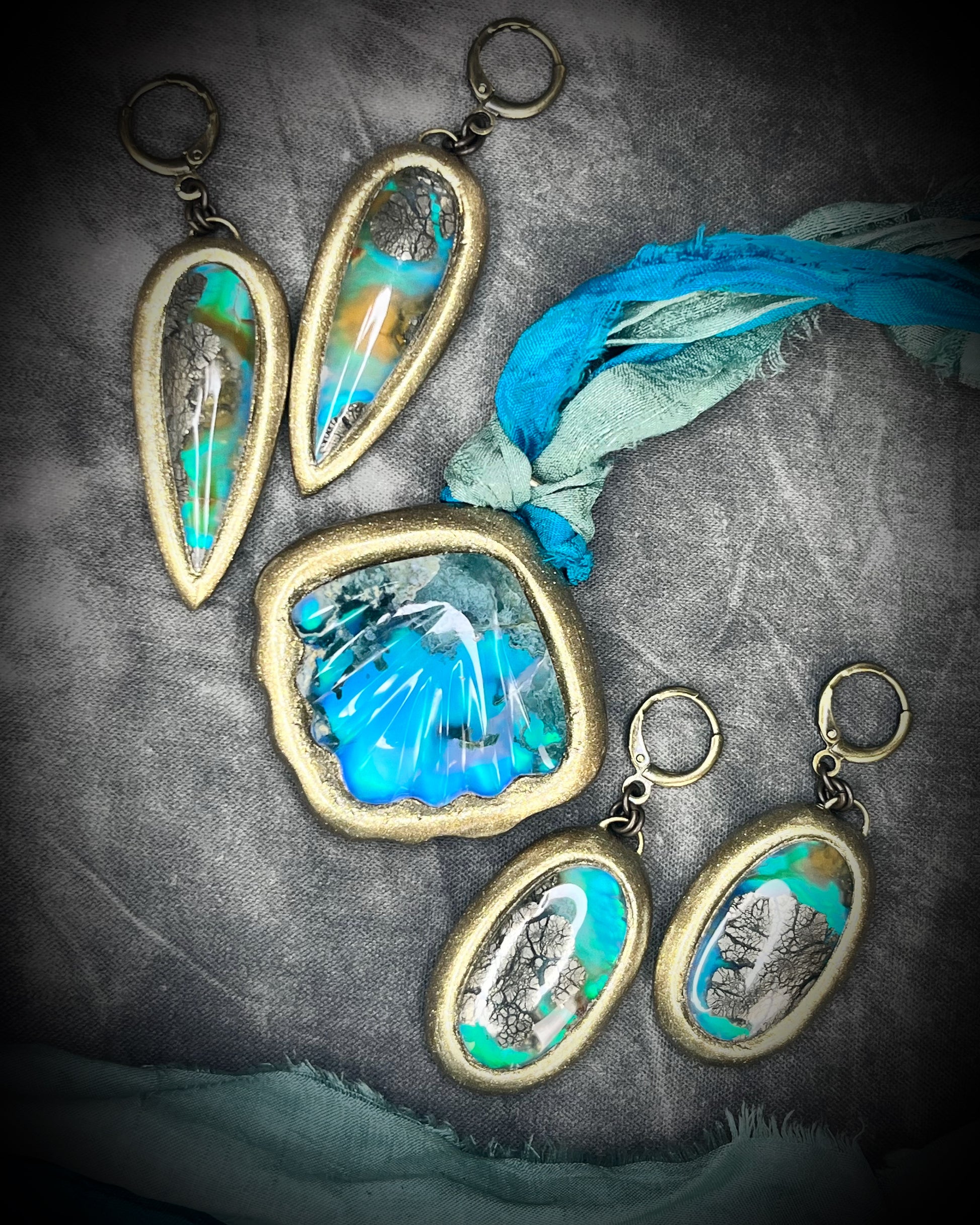 Mermaid seashell necklaces made with moss agate crystal and aqua and teal recycled silk.  Handmade sea siren jewelry, gift for her.  