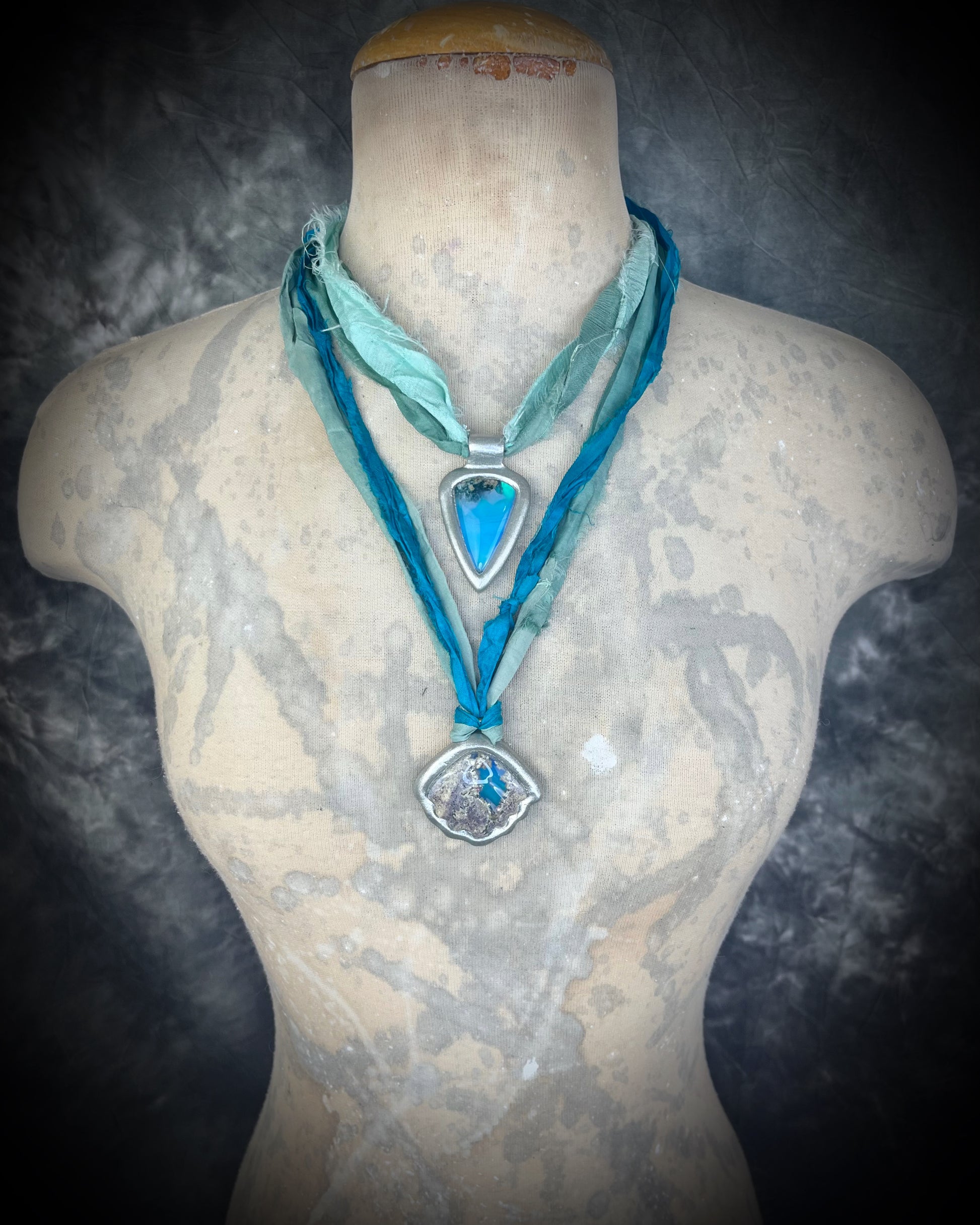 Mermaid seashell necklaces made with moss agate crystal and aqua and teal recycled silk.  Handmade sea siren jewelry, gift for her.  