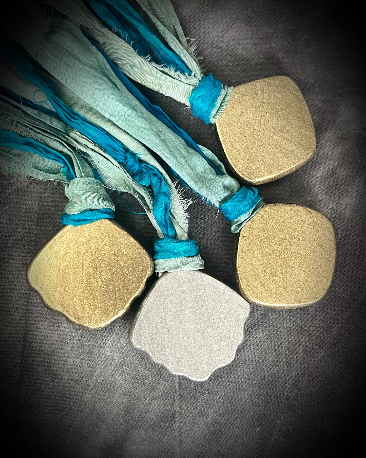 Mermaid seashell necklaces made with moss agate crystal and aqua and teal recycled silk.  Handmade sea siren jewelry, gift for her.  