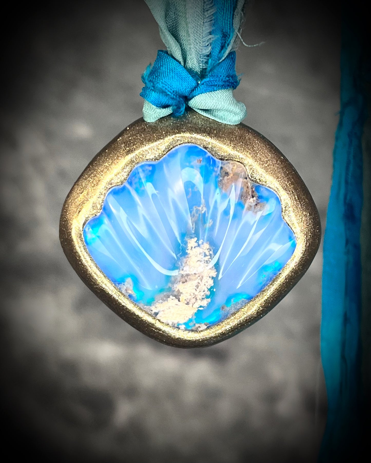 Mermaid seashell necklaces made with moss agate crystal and aqua and teal recycled silk.  Handmade sea siren jewelry, gift for her.  