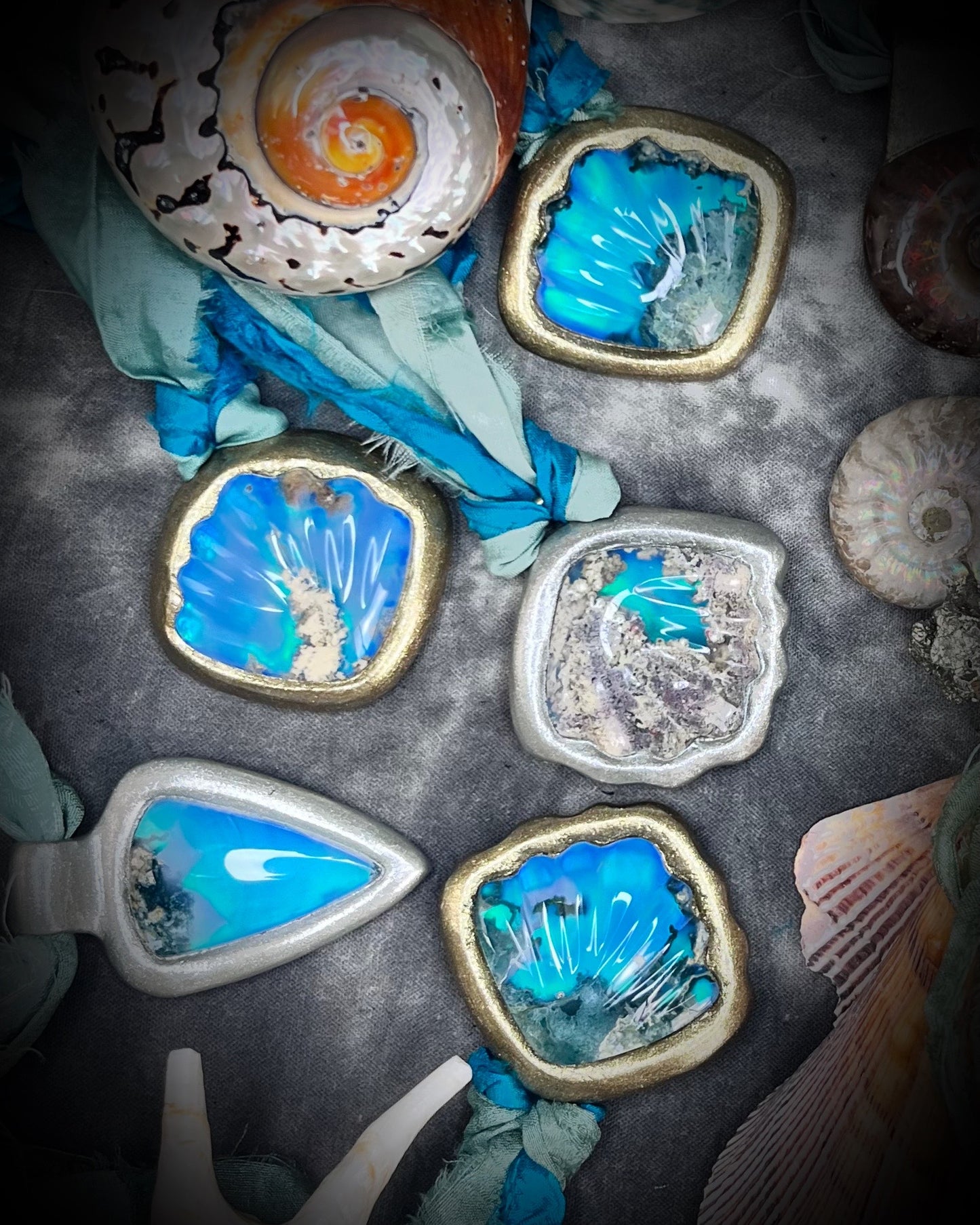 Mermaid seashell necklaces made with moss agate crystal and aqua and teal recycled silk.  Handmade sea siren jewelry, gift for her.  