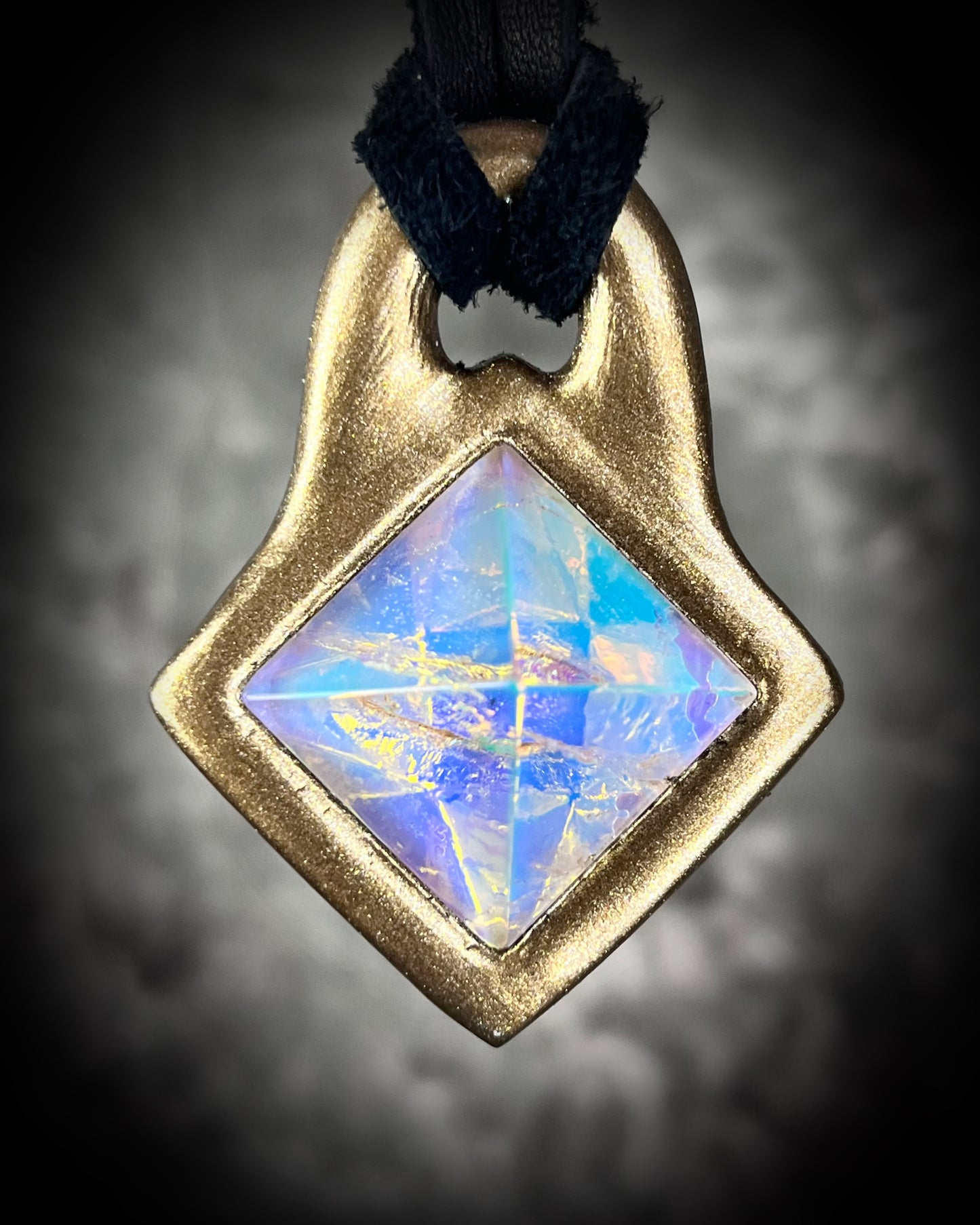 Mystical opalescent quartz pyramid pendant in gold on black leather cord, crystal statement necklace, celestial boho jewelry, handmade talisman.