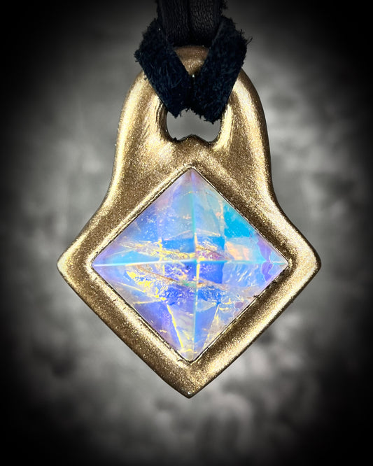 Mystical opalescent quartz pyramid pendant in gold on black leather cord, crystal statement necklace, celestial boho jewelry, handmade talisman.