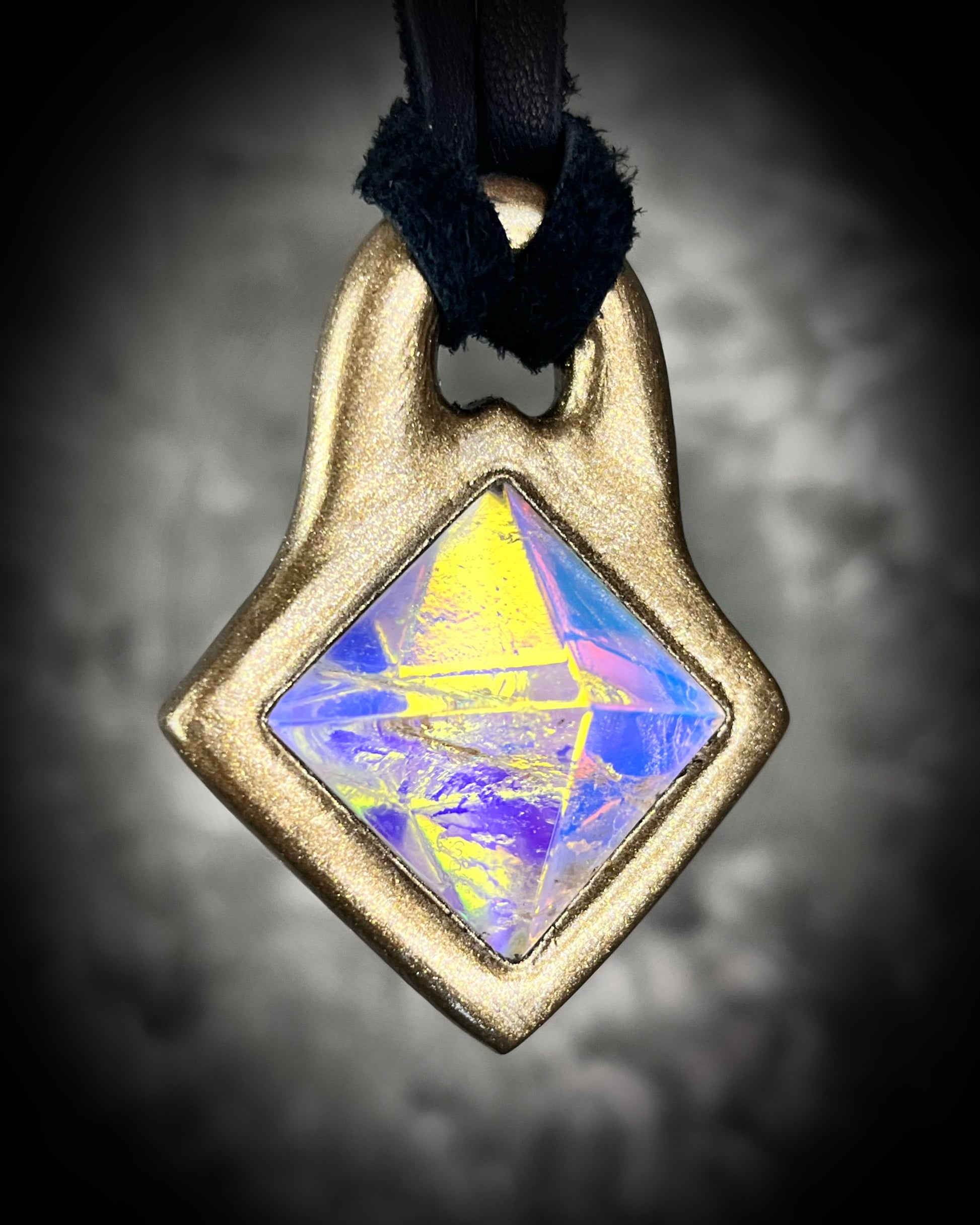 Mystical opalescent quartz pyramid pendant in gold on black leather cord, crystal statement necklace, celestial boho jewelry, handmade talisman.
