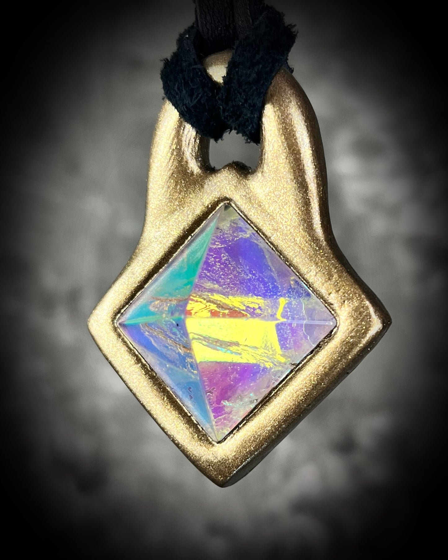 Mystical opalescent quartz pyramid pendant in gold on black leather cord, crystal statement necklace, celestial boho jewelry, handmade talisman.