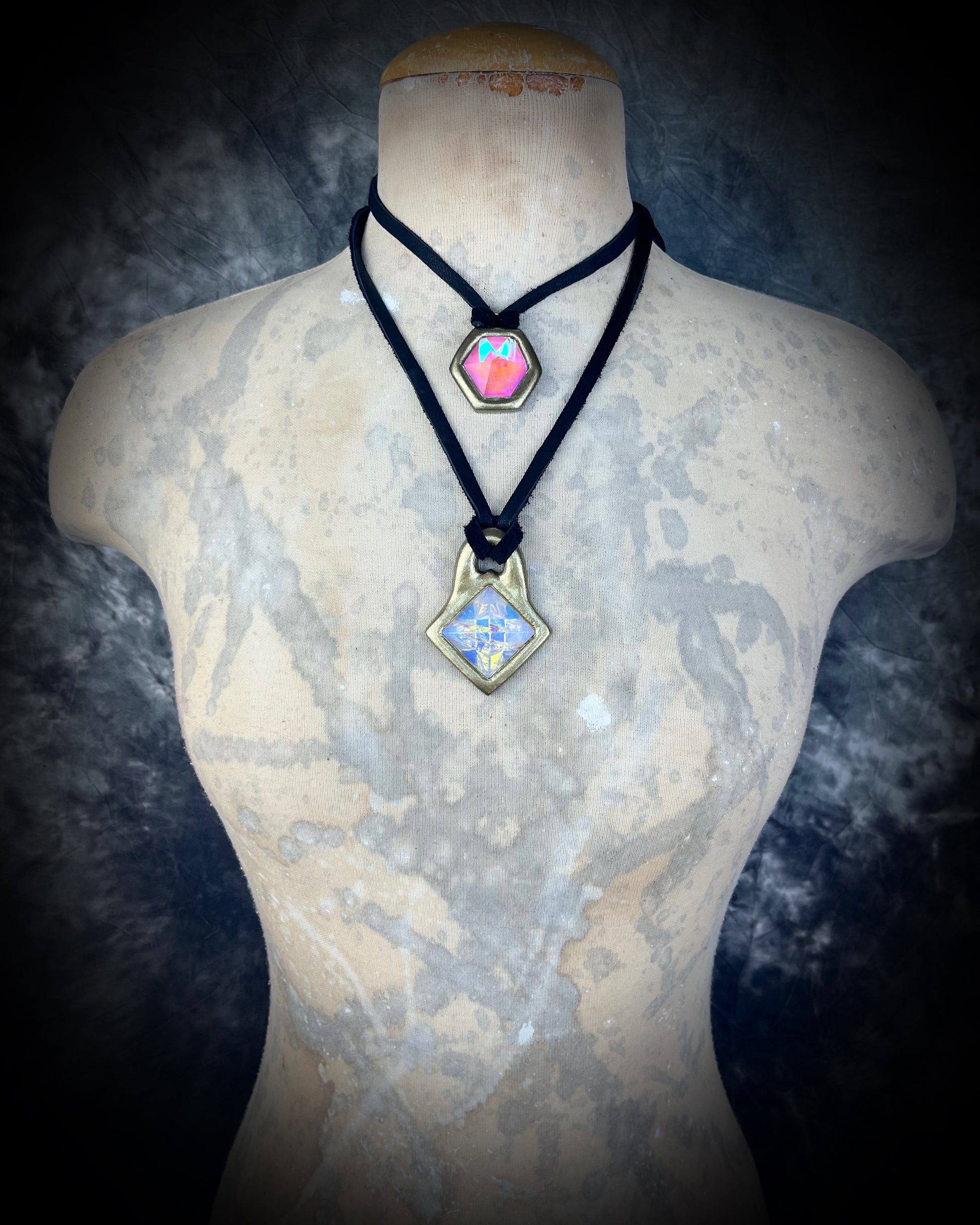 Mystical opalescent quartz pyramid pendant in gold on black leather cord, crystal statement necklace, celestial boho jewelry, handmade talisman.