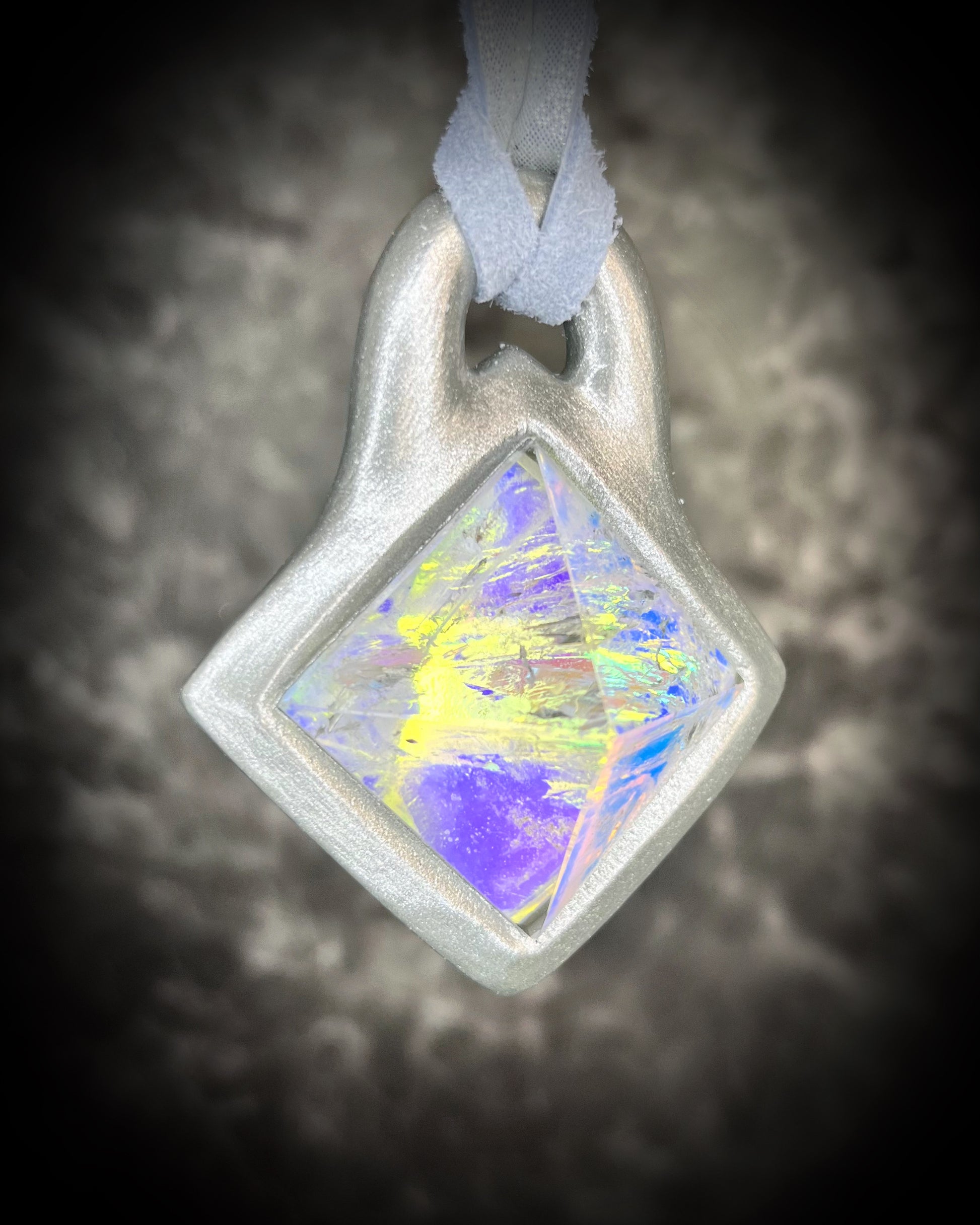 Mystical opalescent quartz pyramid pendant in silver on silver leather cord, crystal statement necklace, celestial boho jewelry, handmade talisman.