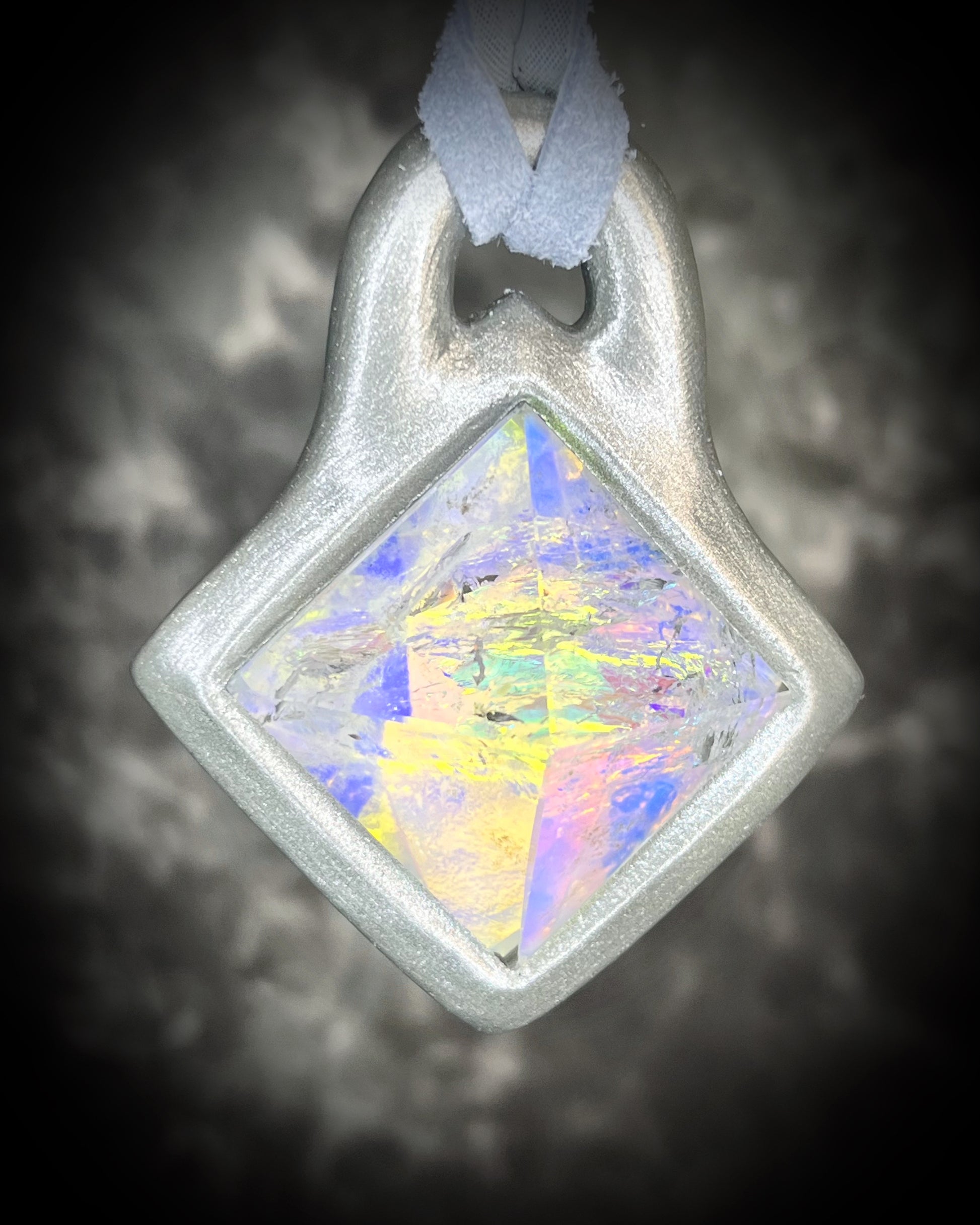 Mystical opalescent quartz pyramid pendant in silver on silver leather cord, crystal statement necklace, celestial boho jewelry, handmade talisman.