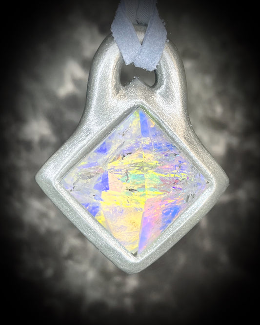 Mystical opalescent quartz pyramid pendant in silver on silver leather cord, crystal statement necklace, celestial boho jewelry, handmade talisman.