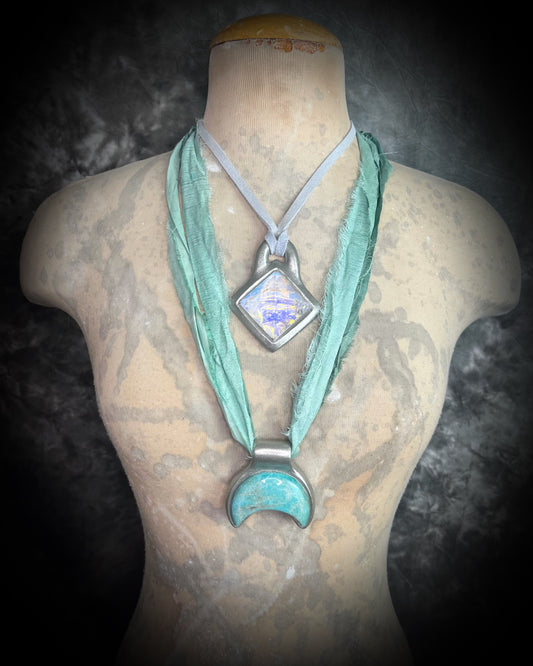 Mystical opalescent quartz pyramid pendant in silver on silver leather cord, crystal statement necklace, celestial boho jewelry, handmade talisman.