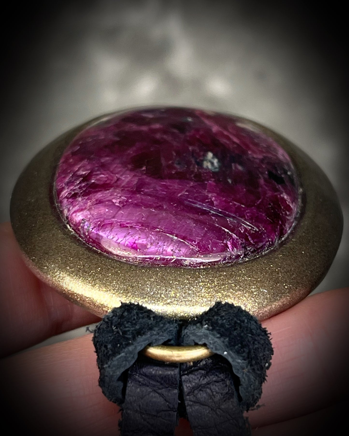 Natural Statement XL ruby birthstone necklace in gold finish. July birthstone gift for her.   Large oval ruby handmade necklace on organic black leather. 