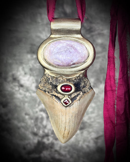 One-of-a-kind shark tooth fossil necklace with lepidolite and garnet — unique crystal talisman for confidence, protection, and ancient ocean energy.