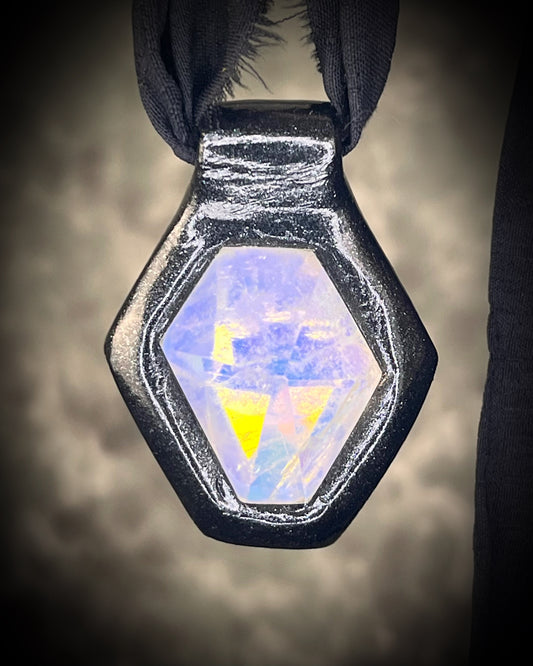 Opalescent Quartz Hexagon Talisman, Handmade Black Finish Mystical Artisan Jewelry on Black Silk.