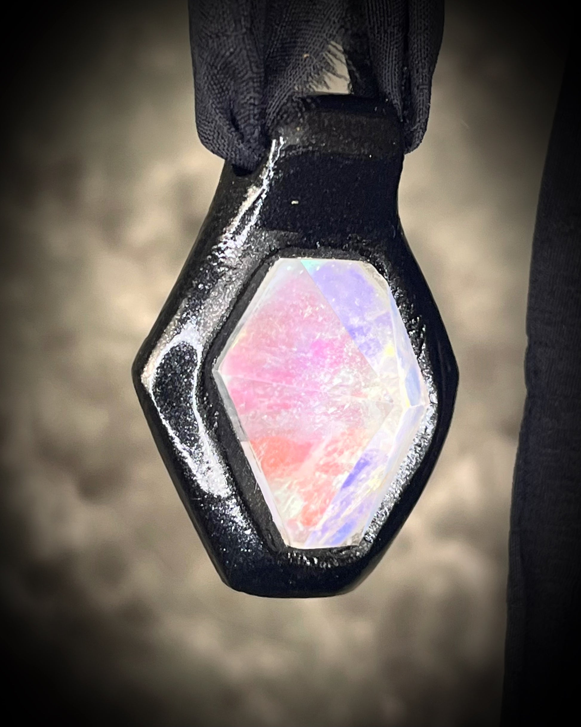 Opalescent Quartz Hexagon Talisman, Handmade Black Finish Mystical Artisan Jewelry on Black Silk.
