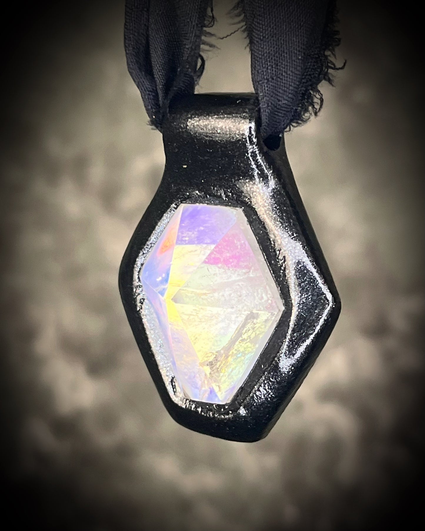 Opalescent Quartz Hexagon Talisman, Handmade Black Finish Mystical Artisan Jewelry on Black Silk.