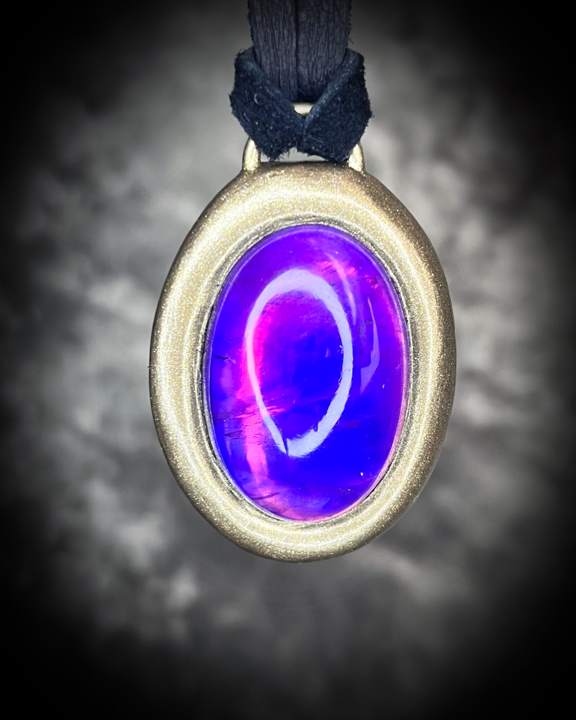 Opalescent amethyst crystal pendant in gold on black leather cord, gothic and mystical statement necklace, birthstone boho jewelry, handmade spiritual talisman.