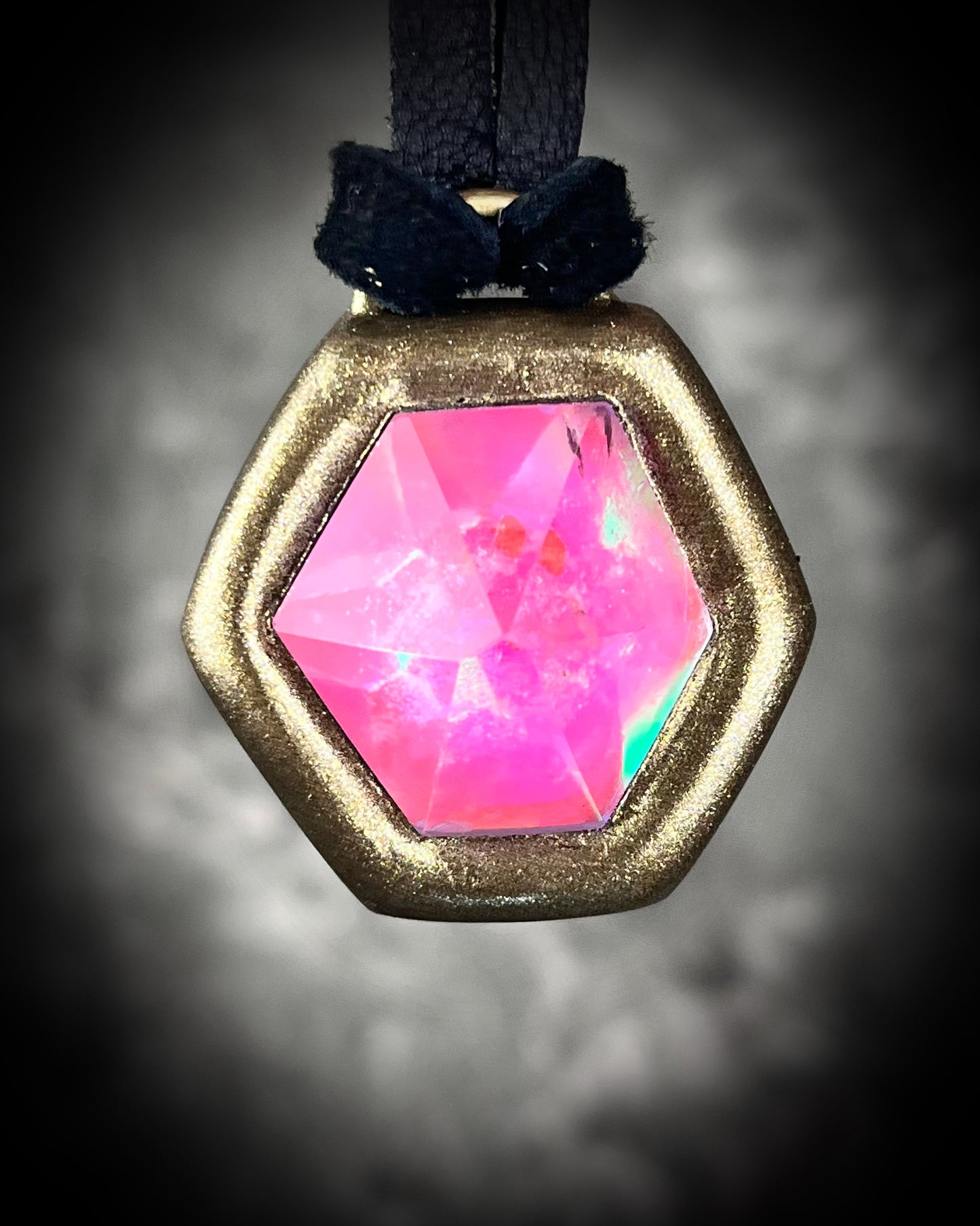 Opalescent bright pink quartz gemstone choker on black leather. Handmade unicorn pendant gift for her!