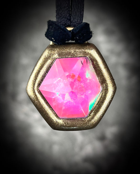 Opalescent bright pink quartz gemstone choker on black leather. Handmade unicorn pendant gift for her!