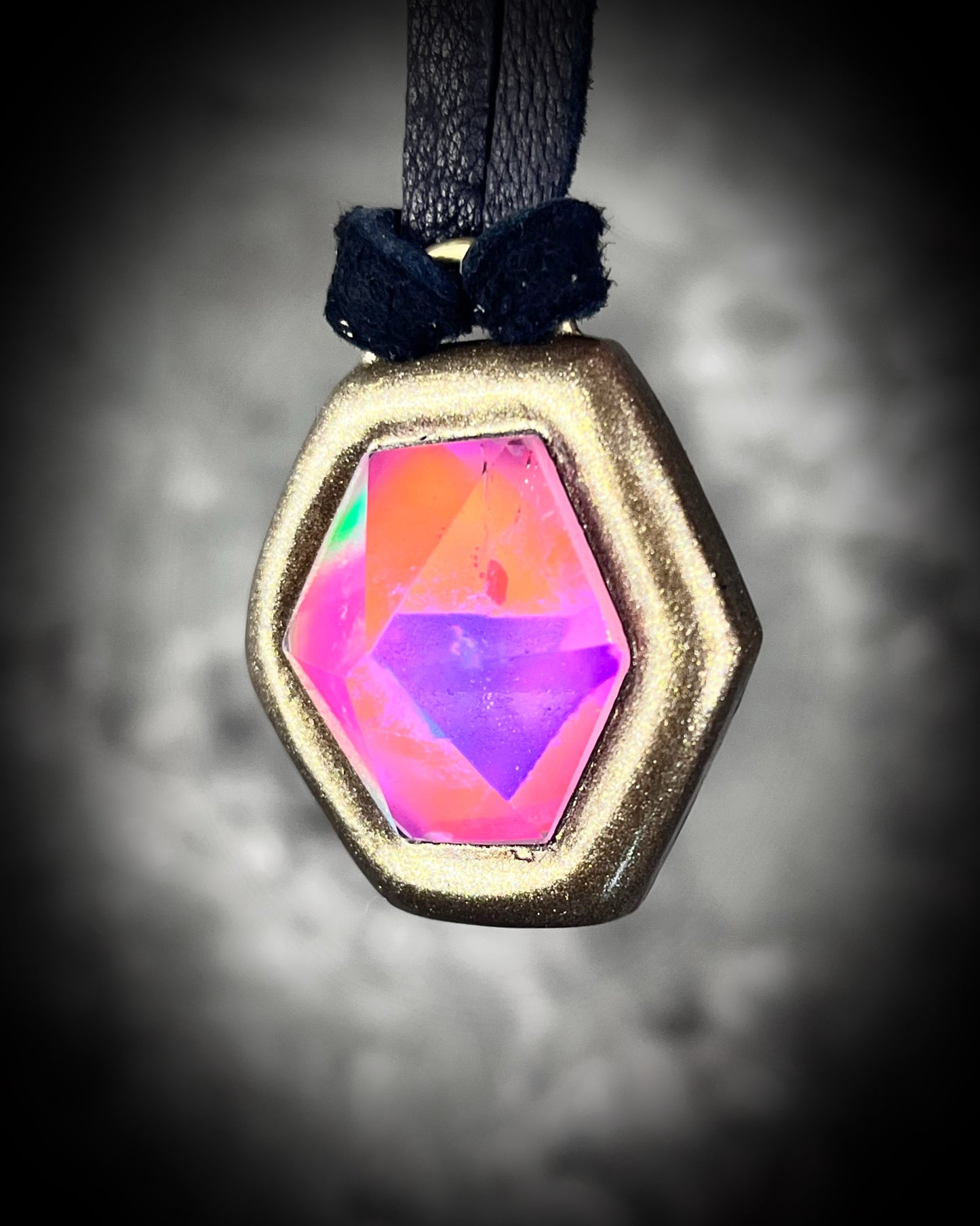 Opalescent bright pink quartz gemstone choker on black leather. Handmade unicorn pendant gift for her!