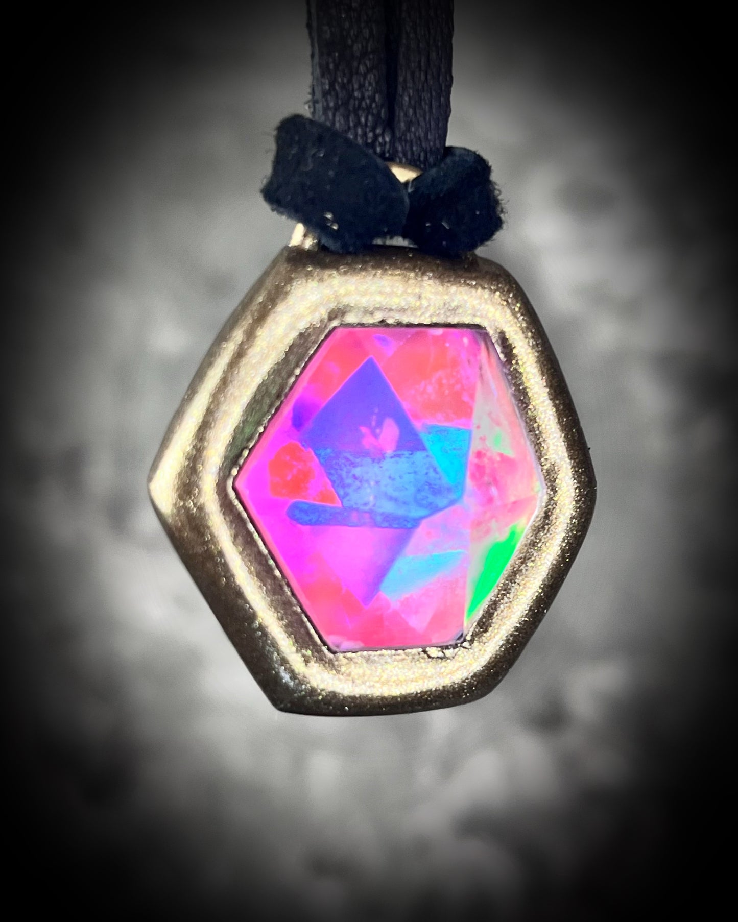 Opalescent bright pink quartz gemstone choker on black leather. Handmade unicorn pendant gift for her!