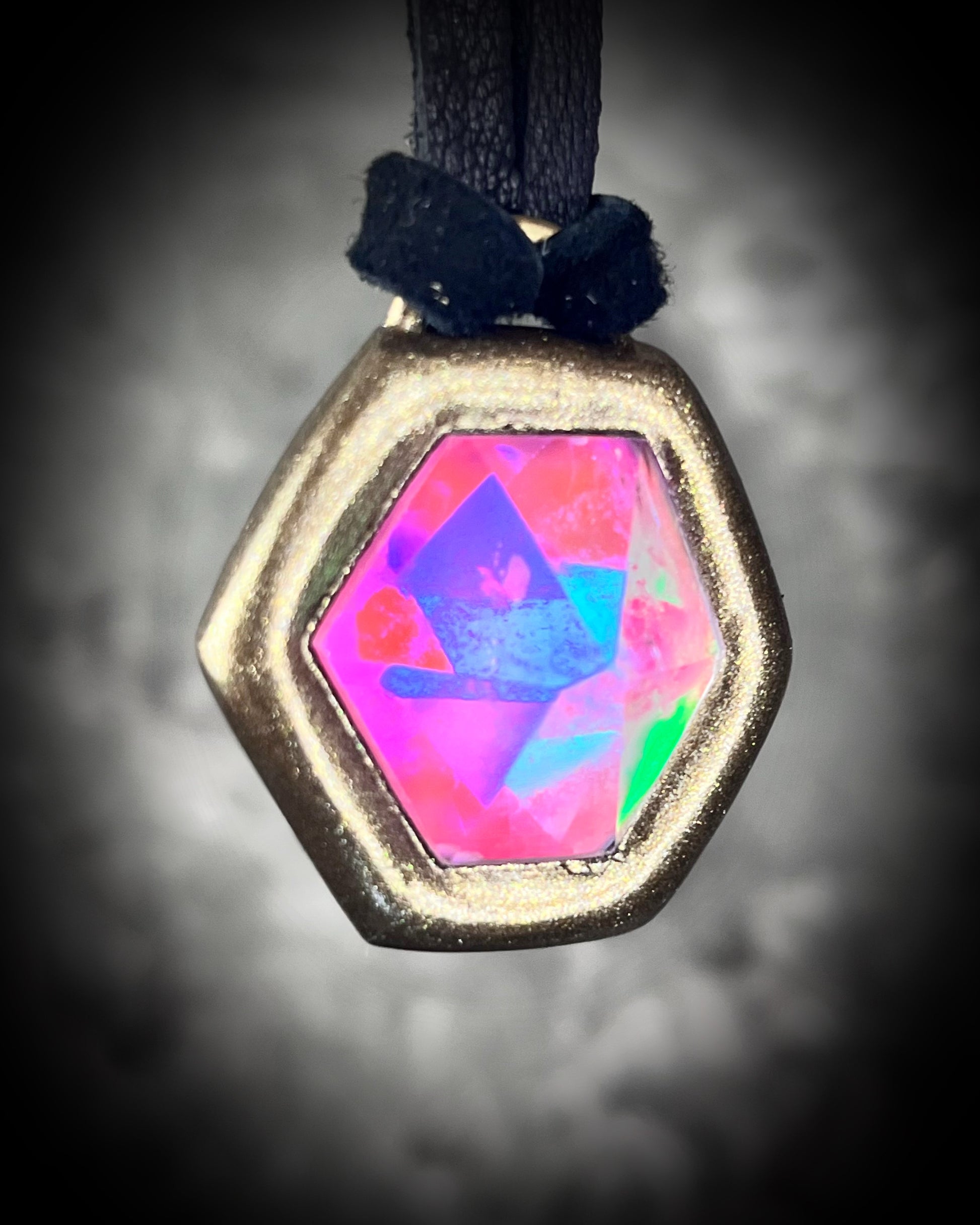 Opalescent bright pink quartz gemstone choker on black leather. Handmade unicorn pendant gift for her!