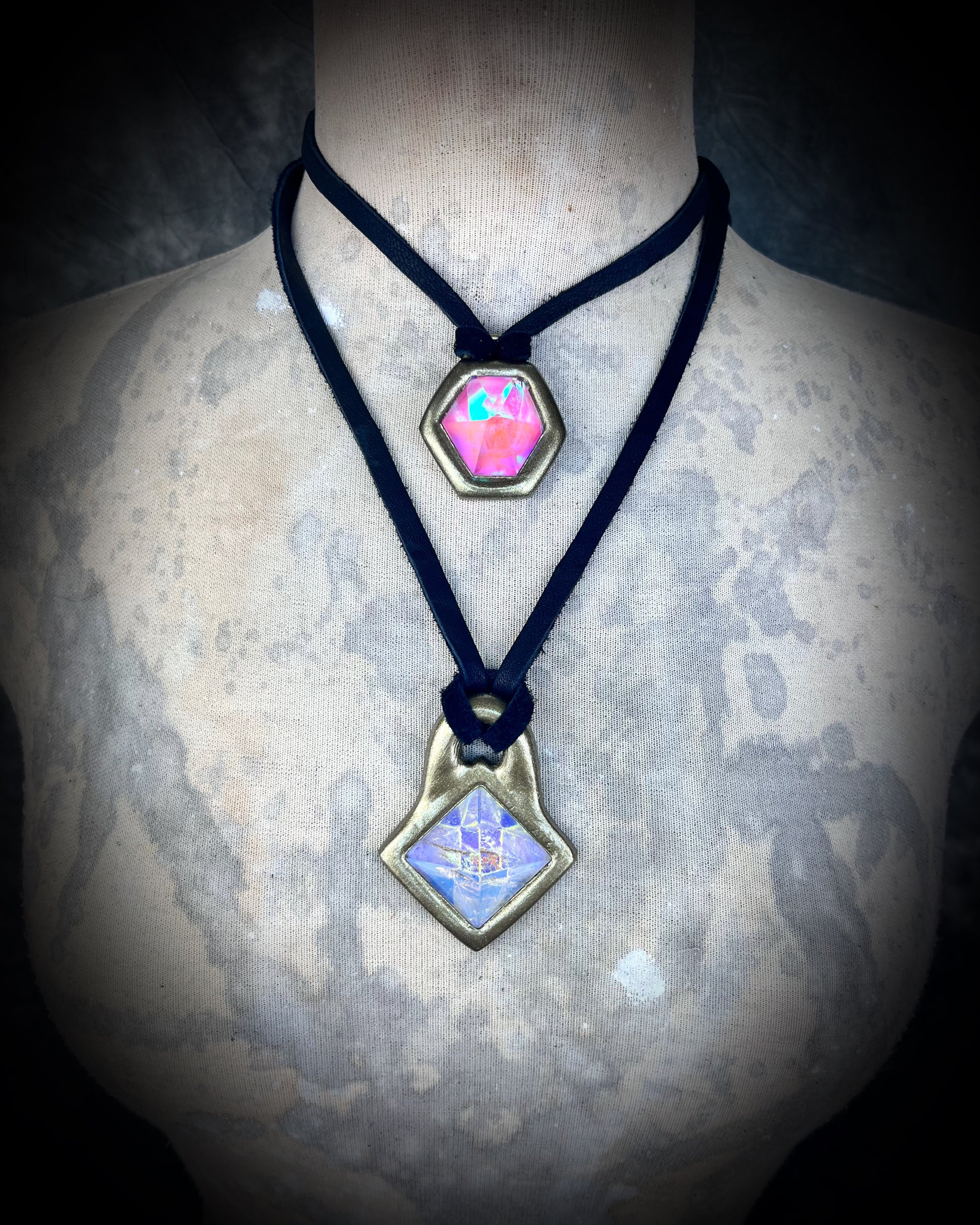 Opalescent bright pink quartz gemstone choker on black leather. Handmade unicorn pendant gift for her!