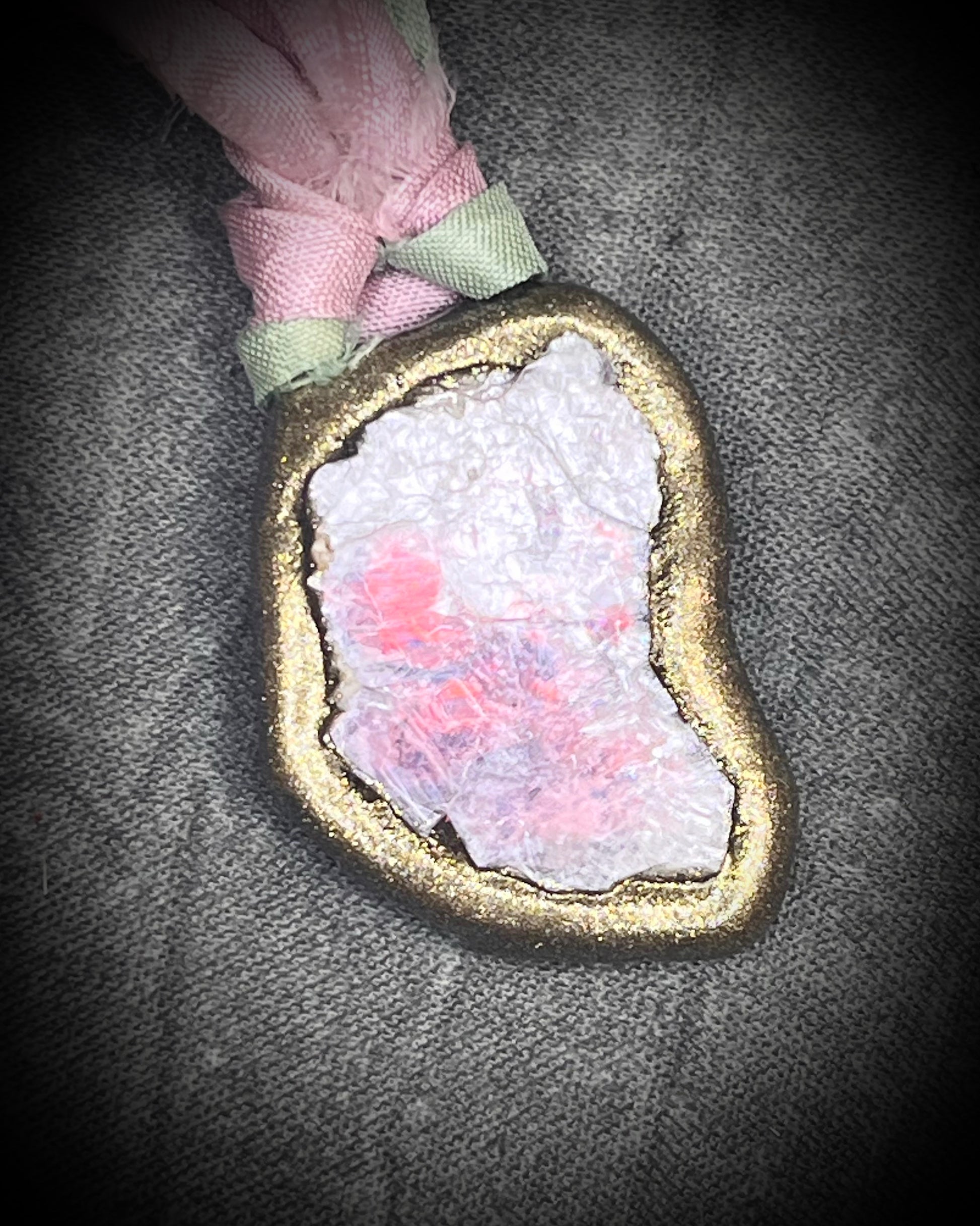 Organic lepidolite crystal talisman  pendant with sculpted gold finish and mint green and lilac recycled silk ties. Handmade by Become Spellbound.