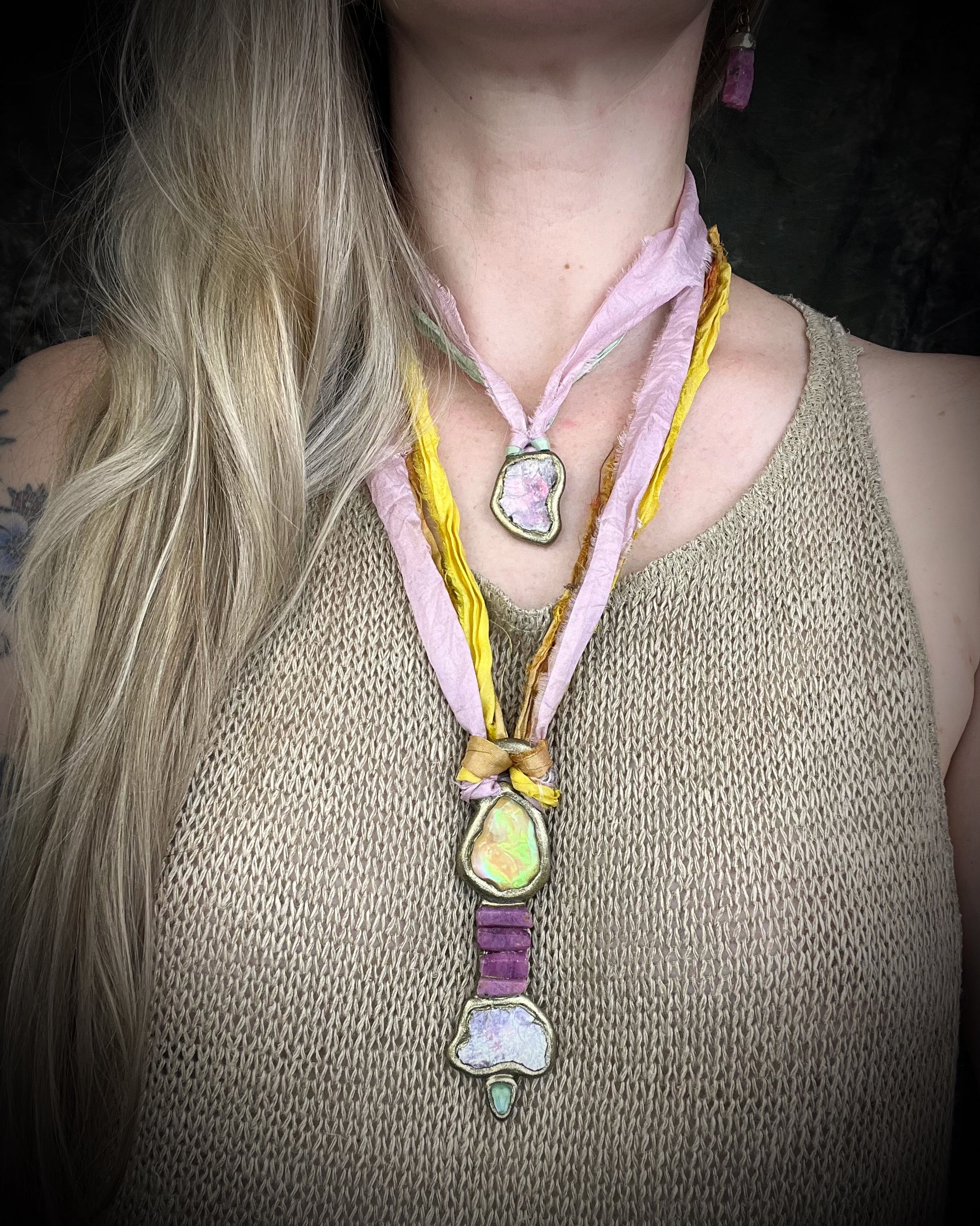 Organic lepidolite crystal talisman  pendant with sculpted gold finish and mint green and lilac recycled silk ties. Handmade by Become Spellbound.