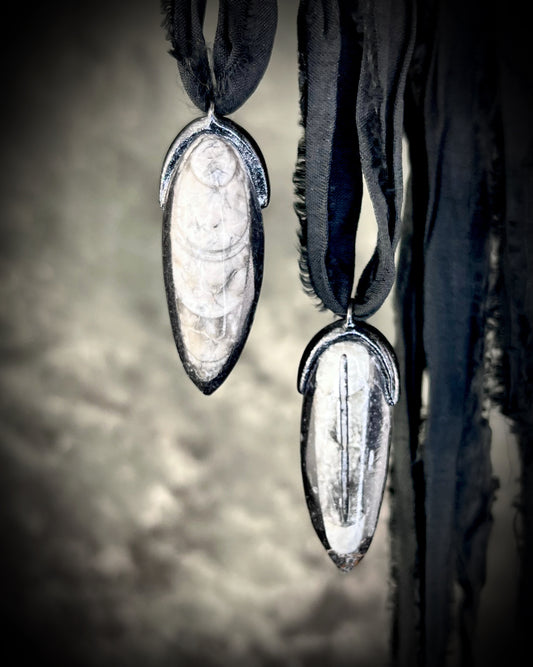 Orthoceras fosssil handmade bag charm or best friends pendant!  Black and white fossil necklace on recycled silk is a versatile accessory for a car protection charm, summer or beach travel or everyday cool vibes!